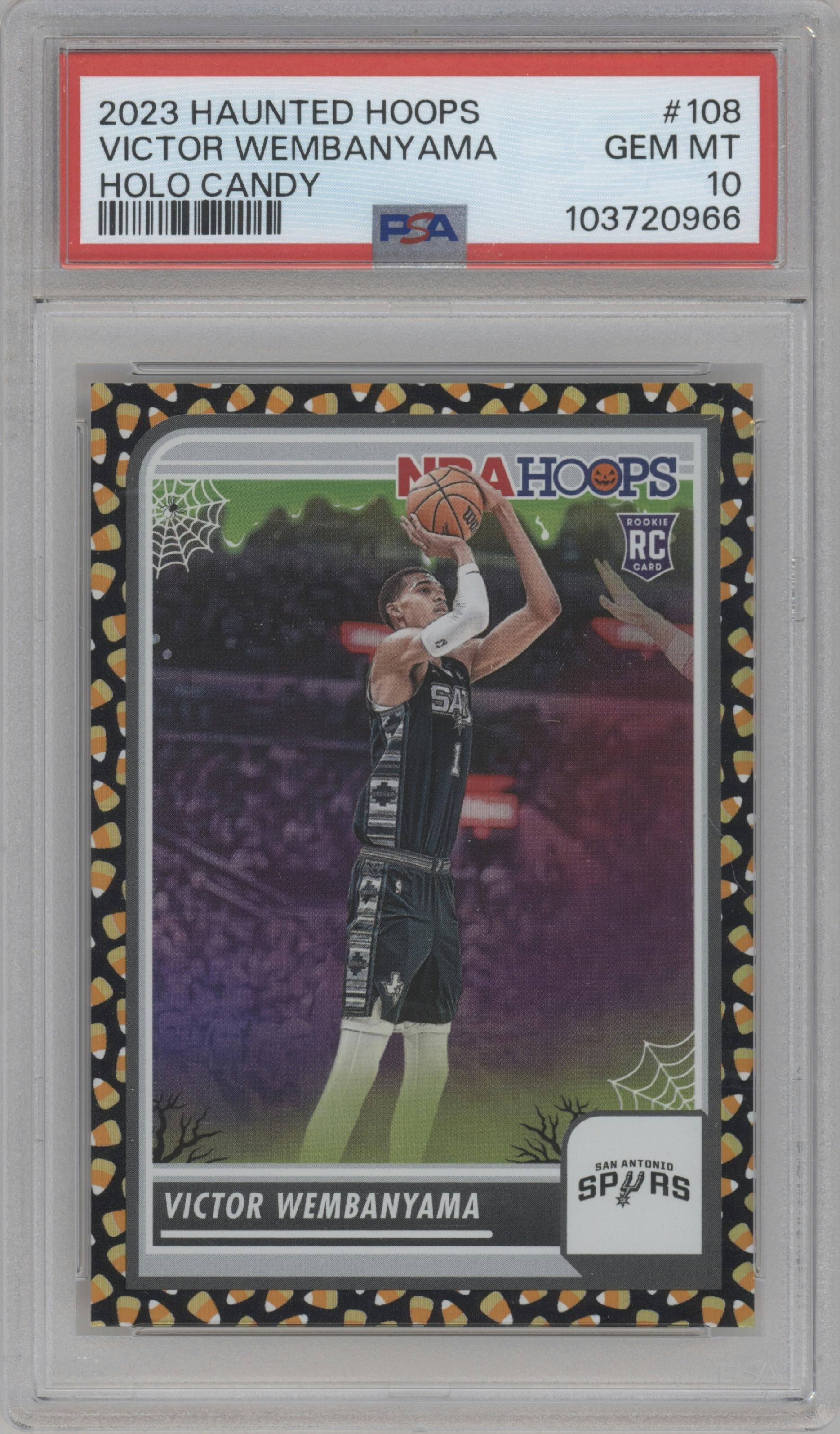 Victor Wembanyama from the 2023-24 Panini Haunted Hoops set featuring a Holo Candy parallel graded by PSA and given an overall grade of 10.