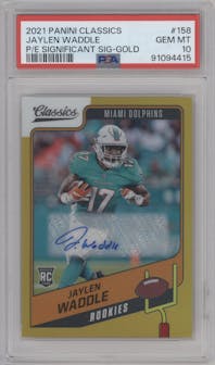 Jaylen Waddle from the 2021 Panini Classics set featuring a Gold parallel graded by PSA and given an overall grade of 10.