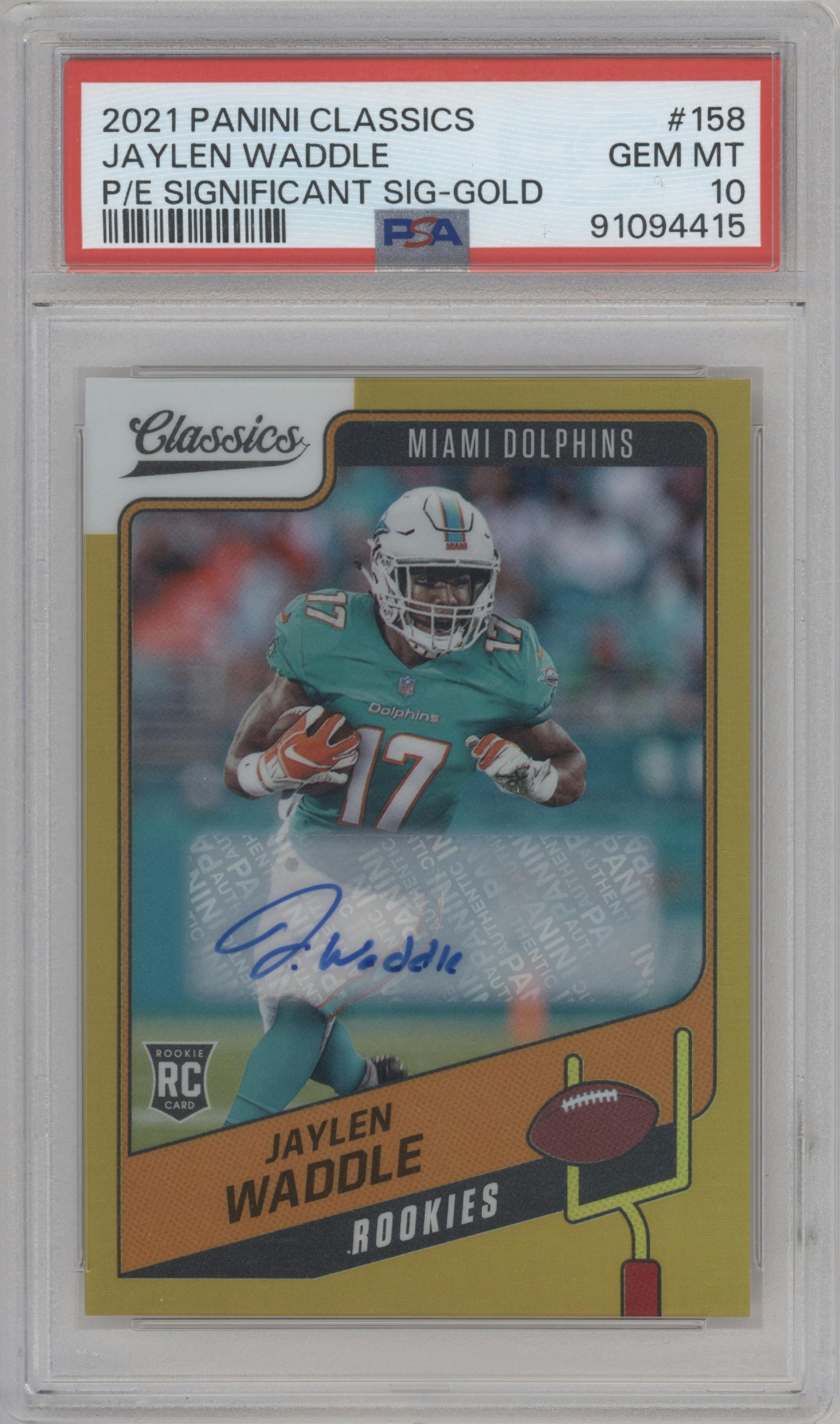 Jaylen Waddle from the 2021 Panini Classics set featuring a Gold parallel graded by PSA and given an overall grade of 10.