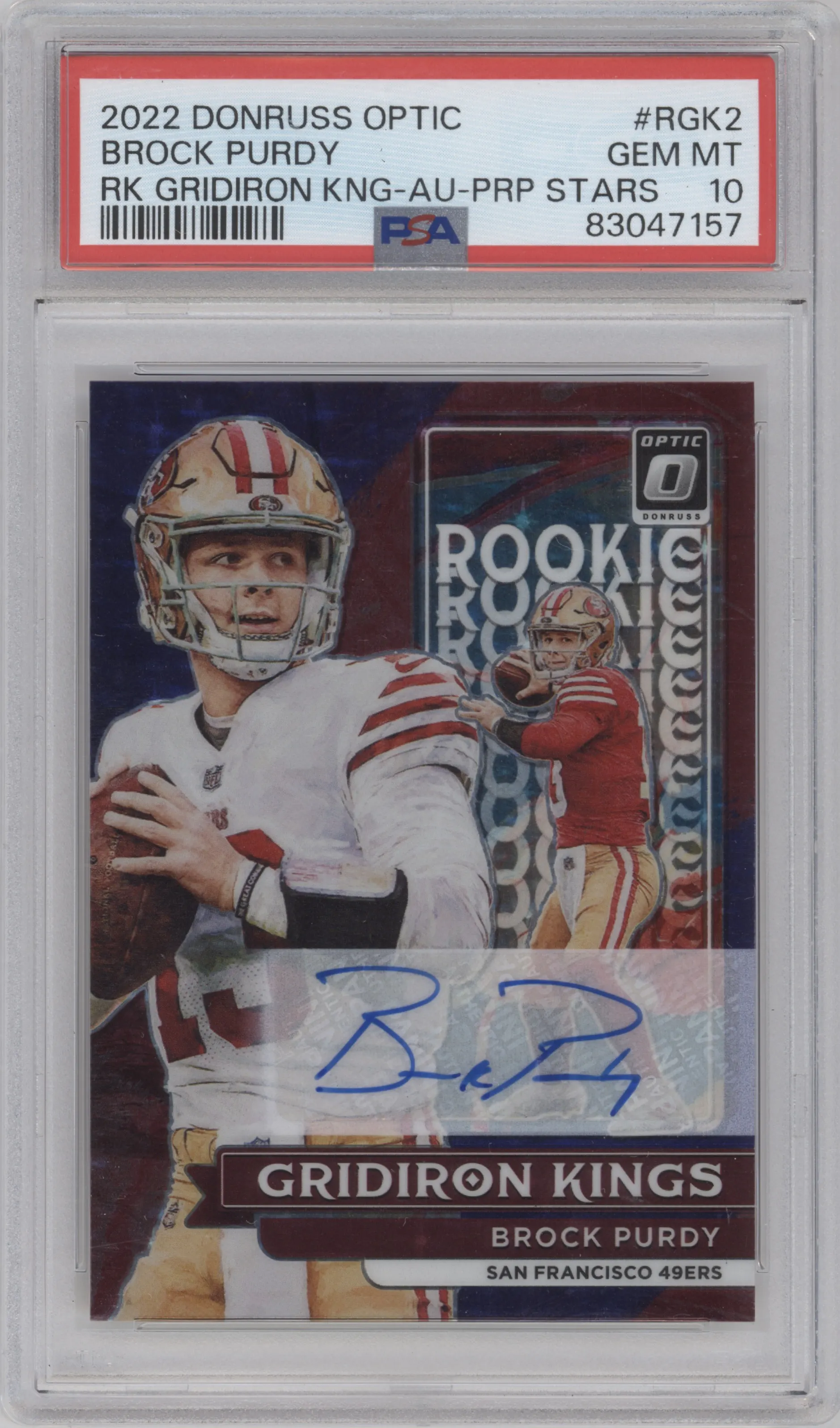 2022 Panini Donruss Optic Rke.Gridiron Kings Auto Brock Purdy Purple Stars #RGK-2 PSA 10