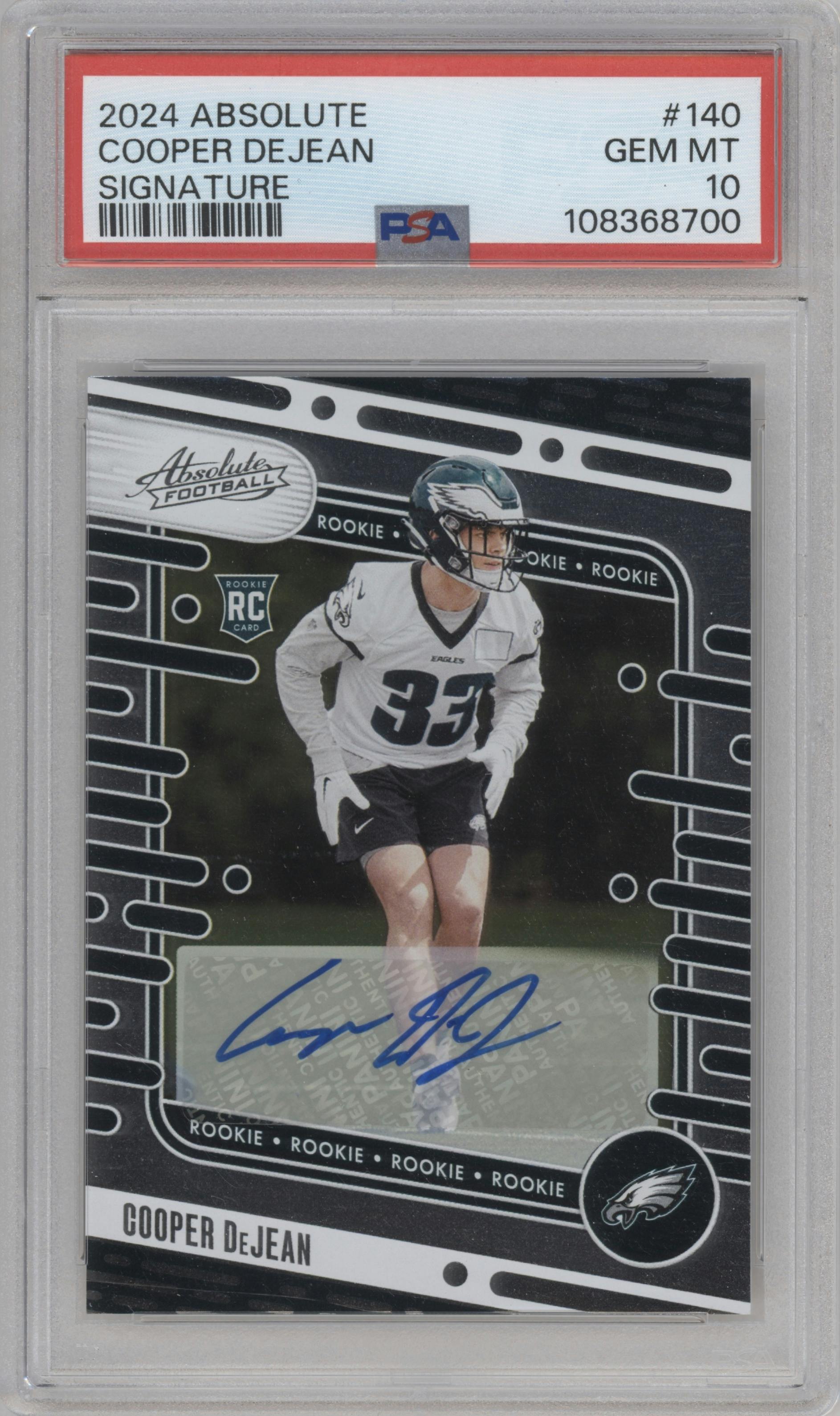 Cooper DeJean from the 2024 Panini Absolute set graded by PSA and given an overall grade of 10.
