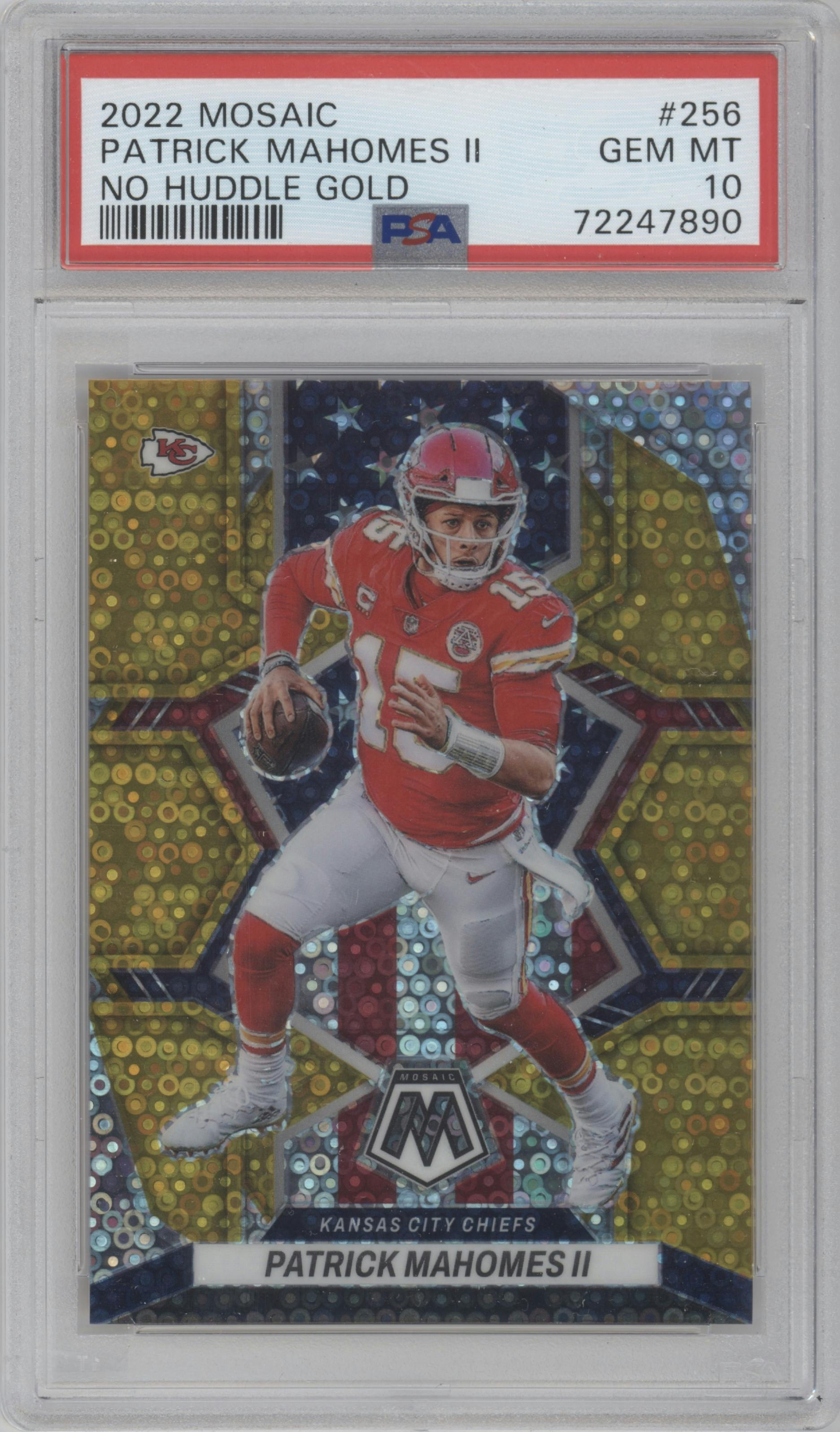 Patrick Mahomes II from the 2022 Panini Mosaic set featuring a No Huddle Gold parallel graded by PSA and given an overall grade of 10.