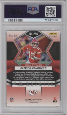Patrick Mahomes II from the 2022 Panini Mosaic set featuring a No Huddle Gold parallel graded by PSA and given an overall grade of 10.