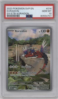 Koraidon from the 2023 Pokemon SV set featuring a Scarlet & Violet Elite Trainer Box (Koraidon) parallel graded by PSA and given an overall grade of 10.
