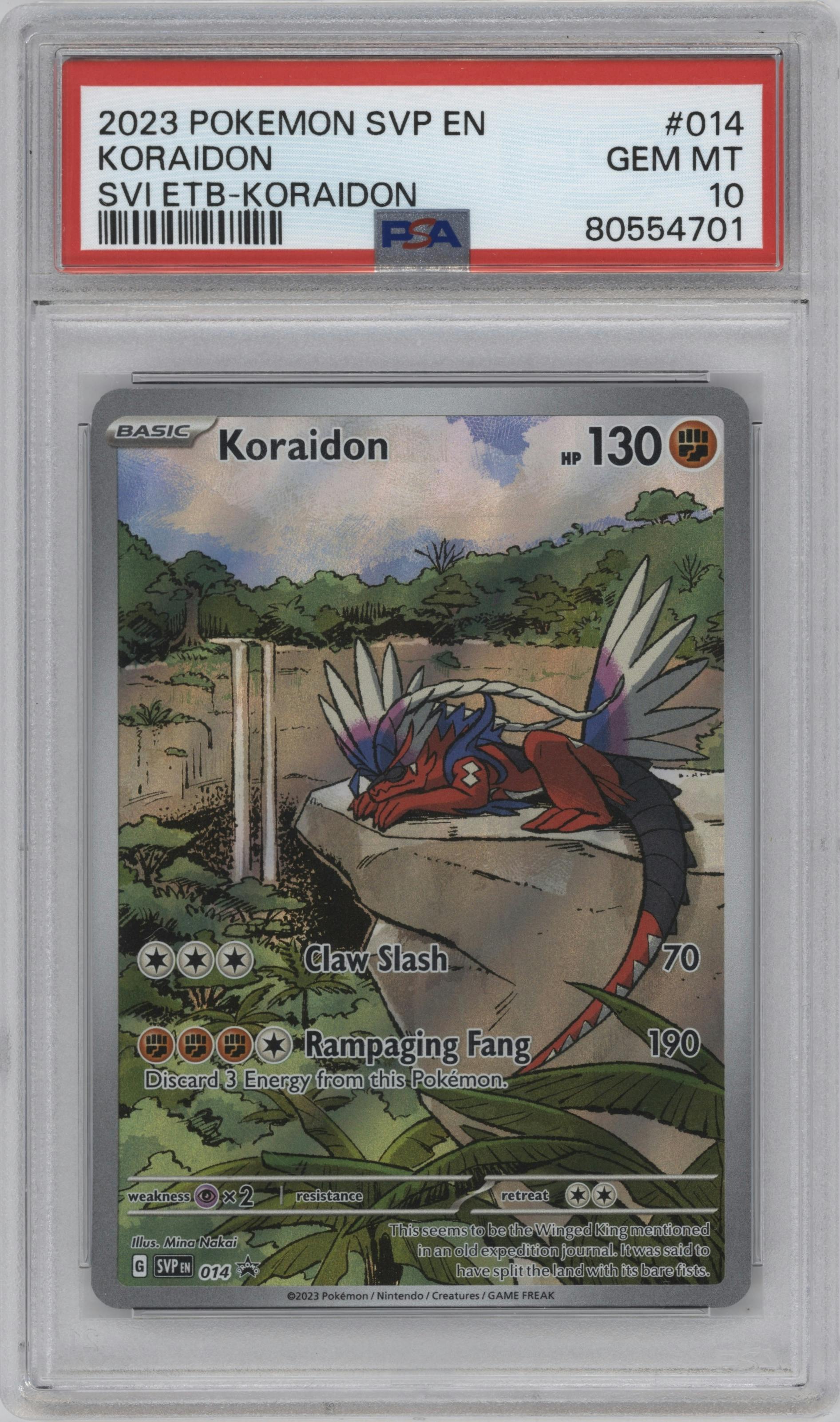 Koraidon from the 2023 Pokemon SV set featuring a Scarlet & Violet Elite Trainer Box (Koraidon) parallel graded by PSA and given an overall grade of 10.