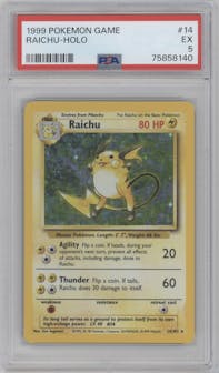 Raichu from the 1999 Pokemon set graded by PSA and given an overall grade of 5.