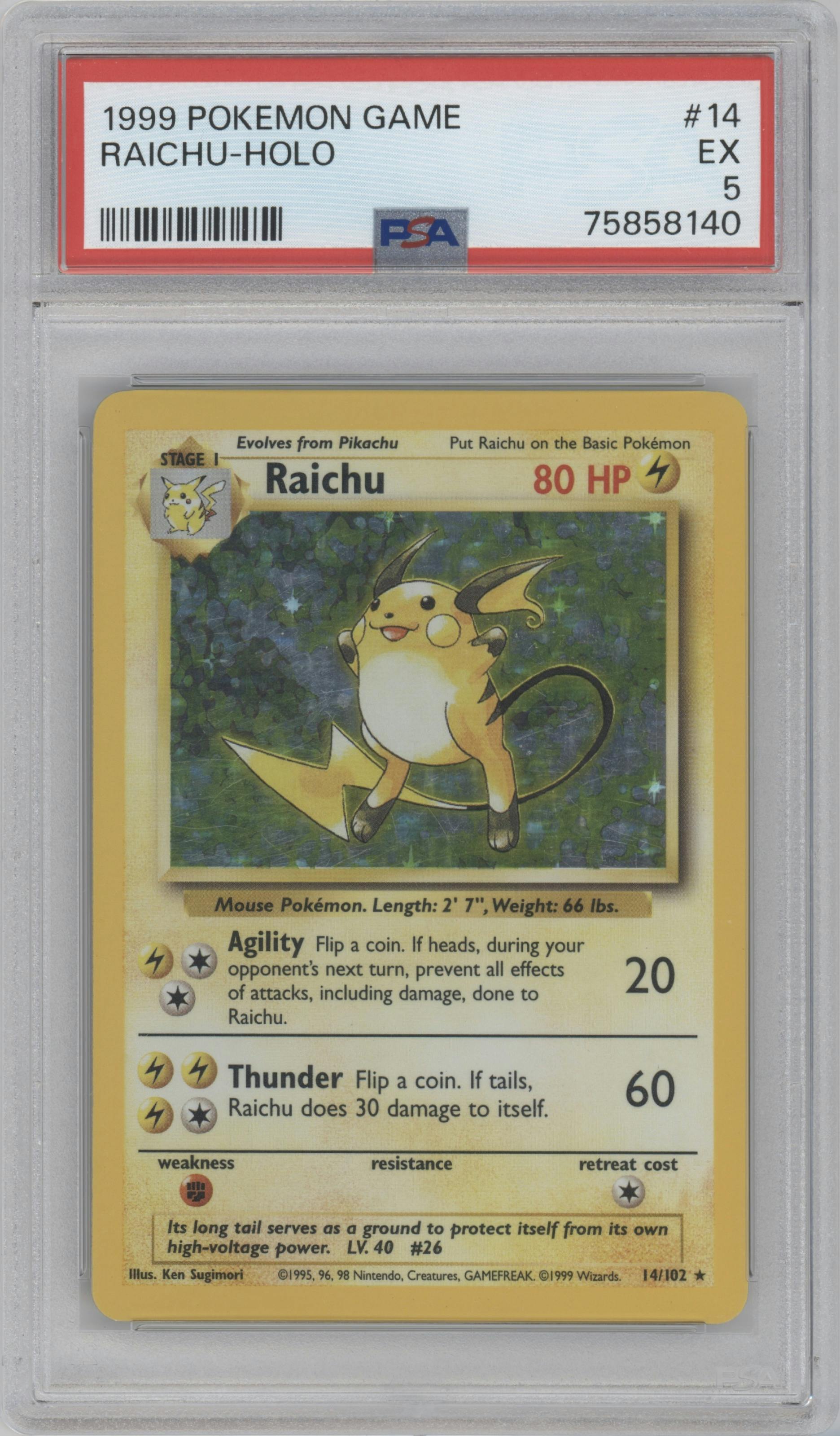Raichu from the 1999 Pokemon set graded by PSA and given an overall grade of 5.