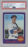 Cody Bellinger from the 2017 Topps Heritage High Number set featuring a Purple Hot Box Refractor parallel graded by PSA and given an overall grade of 10.