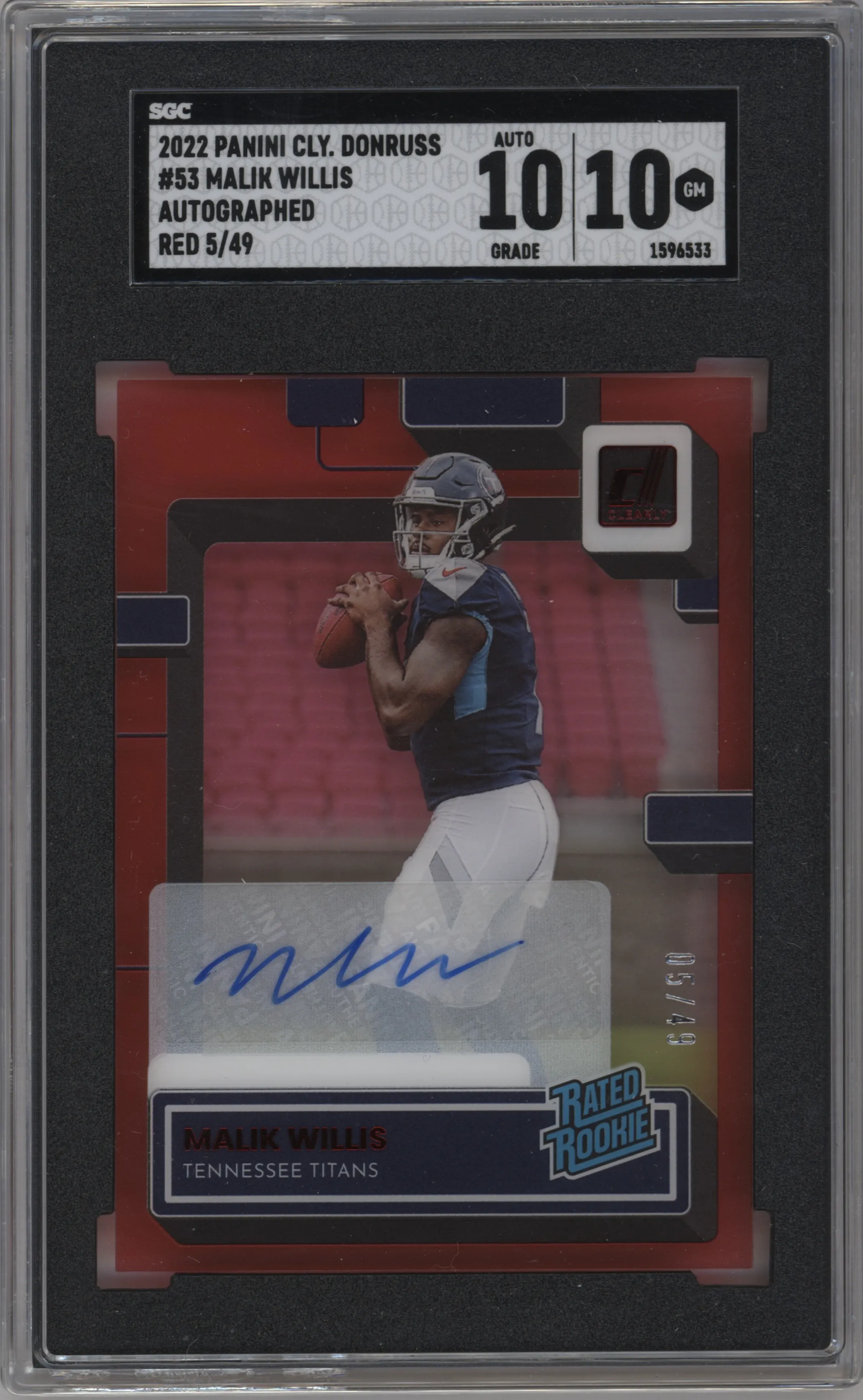 2022 Clearly Donruss Rtd.Rke.Auto Malik Willis Red #53 SGC 10