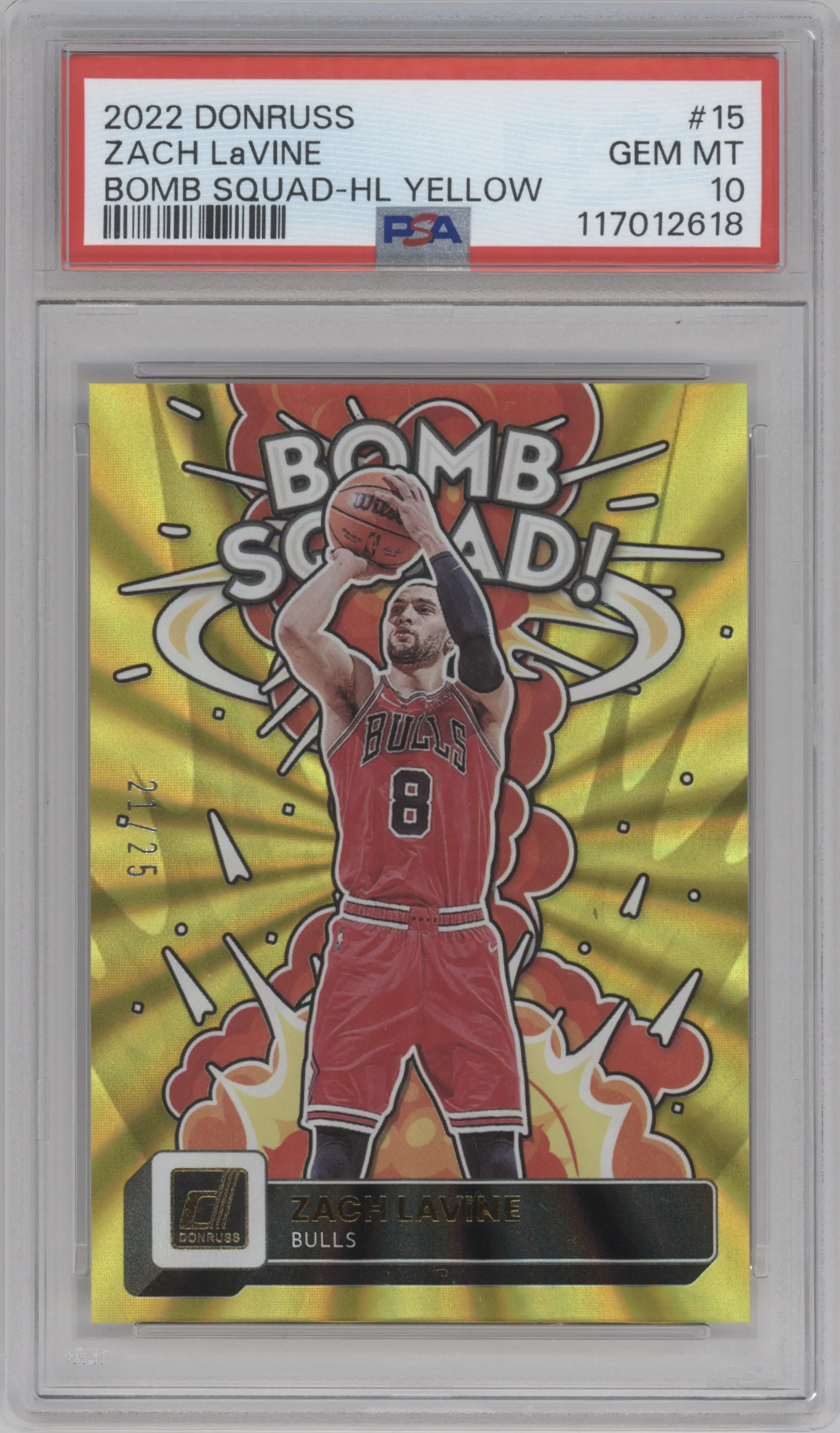 2022 Panini Donruss Bomb Squad Zach LaVine Holo Laser Yellow PSA 10
