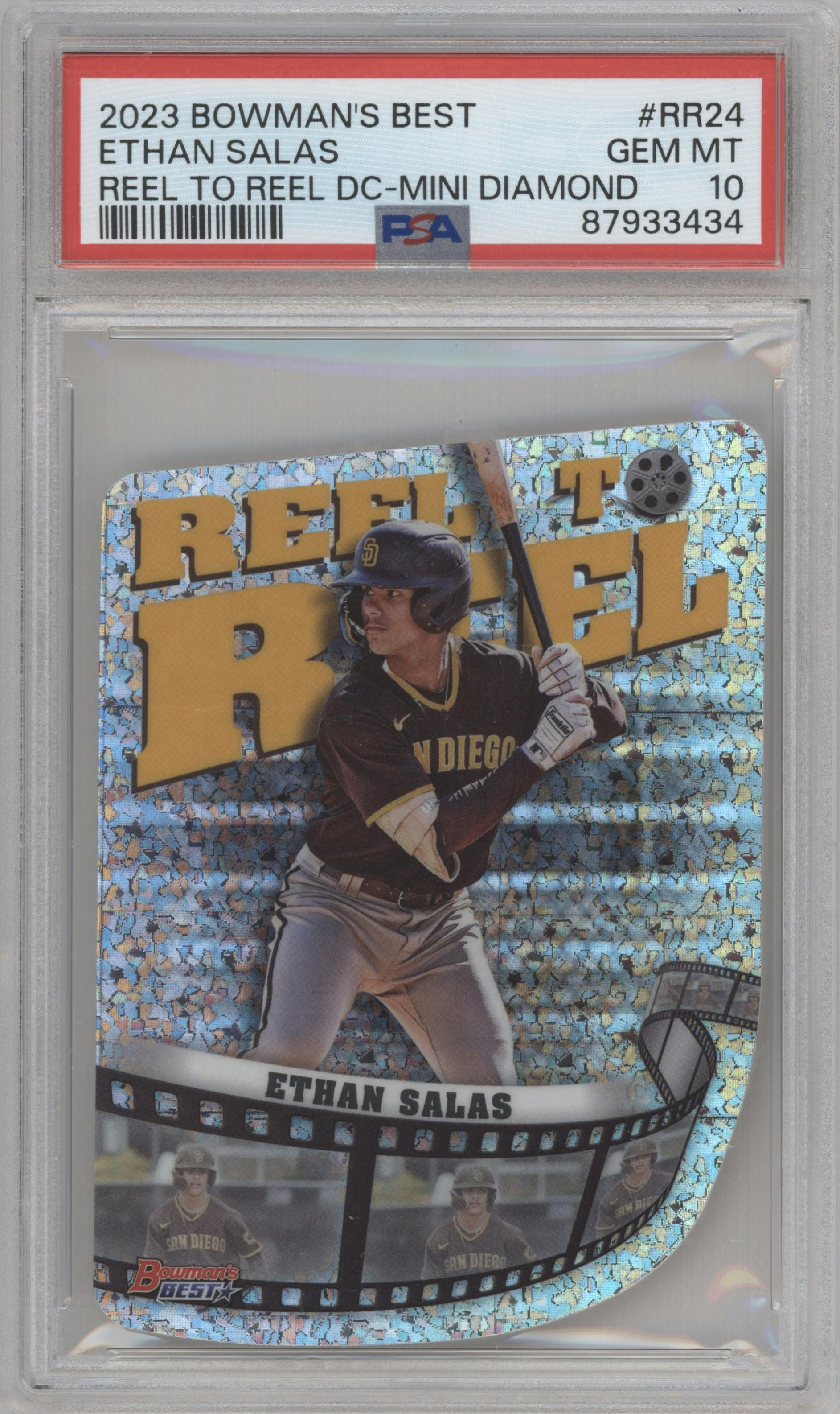 Ethan Salas from the 2023 Bowman's Best set featuring a Mini Diamond parallel graded by PSA and given an overall grade of 10.