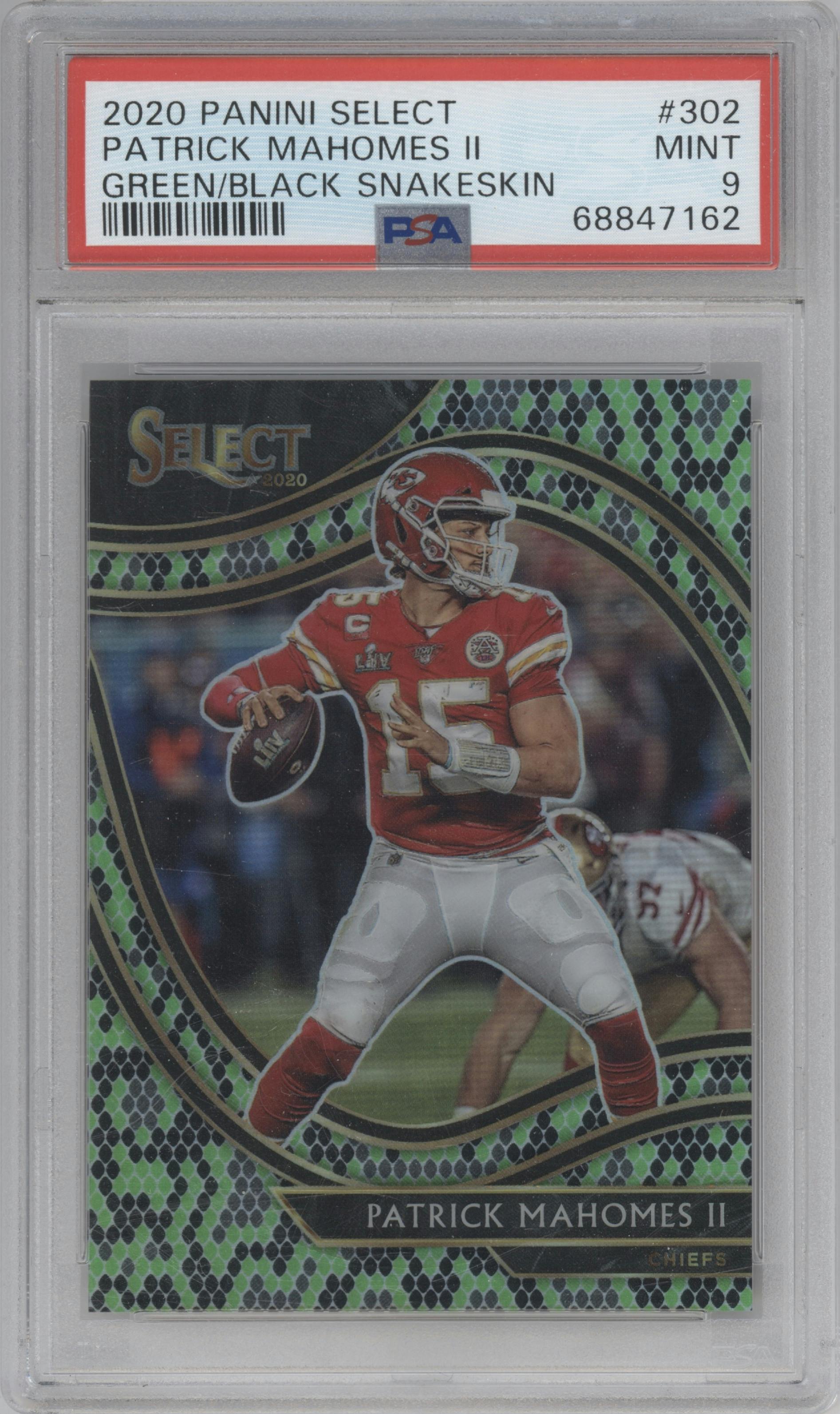 Patrick Mahomes II from the 2020 Panini Select set featuring a Green/Black Snakeskin parallel graded by PSA and given an overall grade of 9.