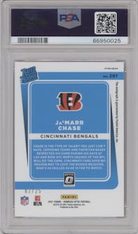 Ja'Marr Chase from the 2021 Panini Donruss Optic set featuring a Purple parallel graded by PSA and given an overall grade of 10.