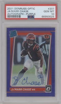 Ja'Marr Chase from the 2021 Panini Donruss Optic set featuring a Purple parallel graded by PSA and given an overall grade of 10.