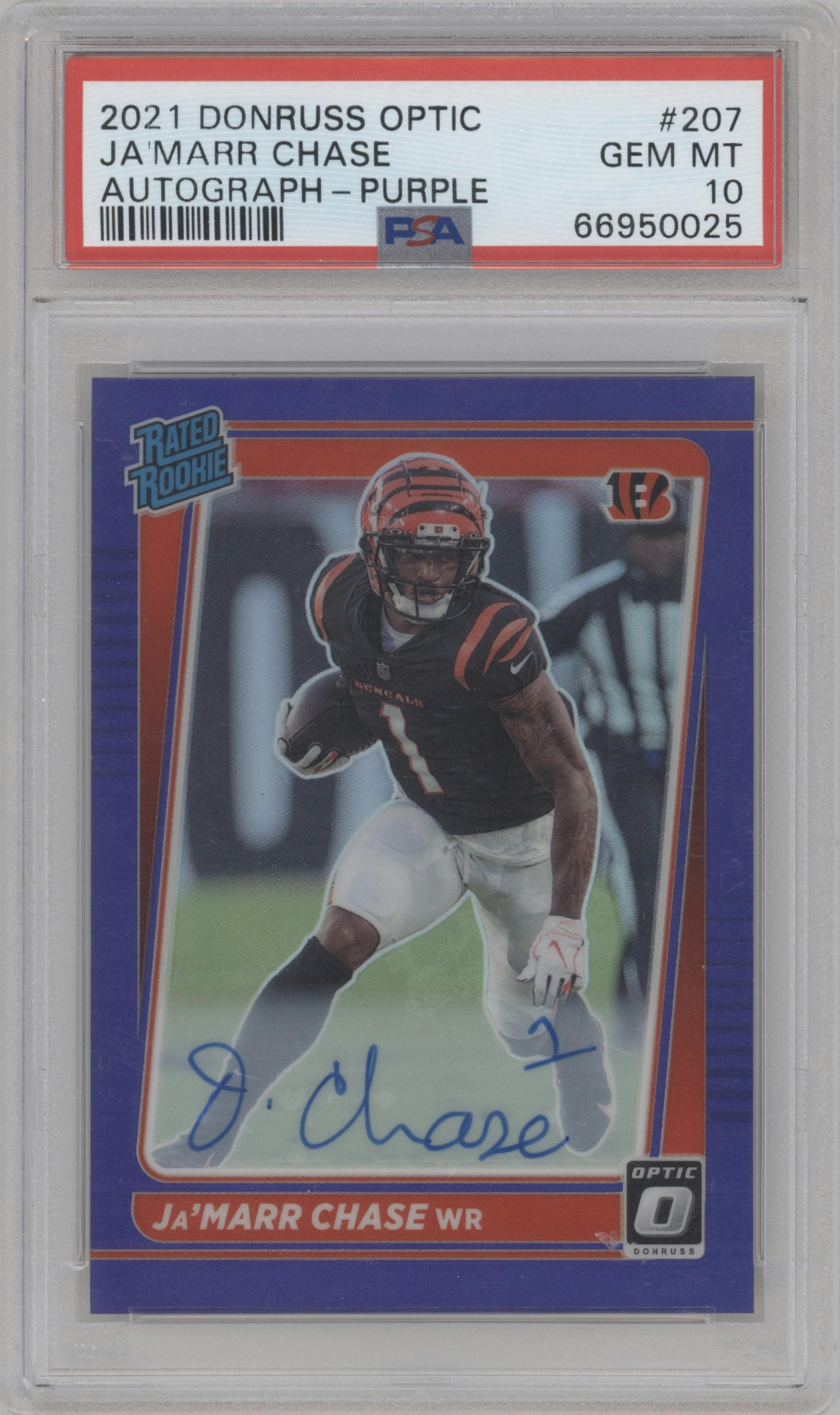 Ja'Marr Chase from the 2021 Panini Donruss Optic set featuring a Purple parallel graded by PSA and given an overall grade of 10.