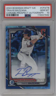 Travis Bazzana from the 2024 Bowman Draft Sapphire Edition set graded by PSA and given an overall grade of 10.