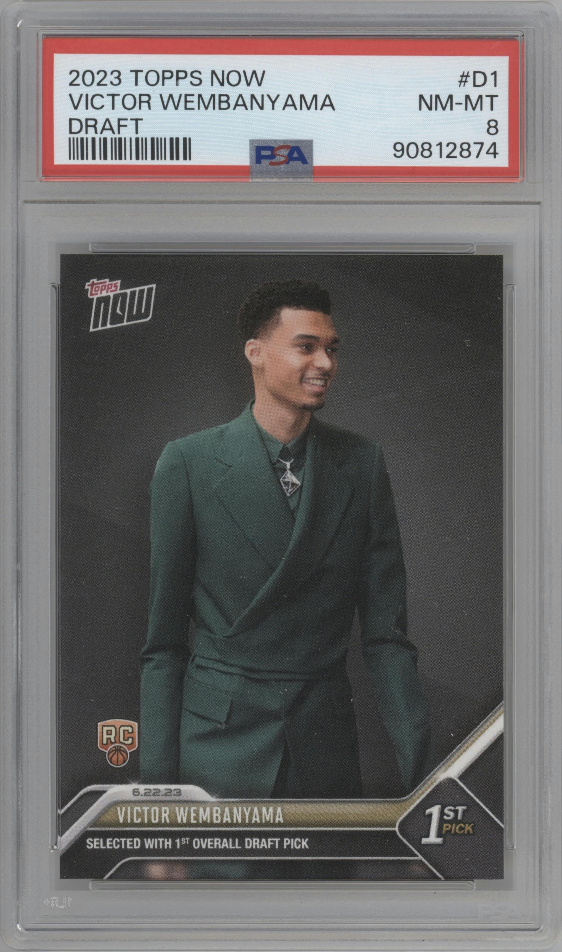 Victor Wembanyama from the 2023 Topps Now
 set graded by PSA and given an overall grade of 8.
