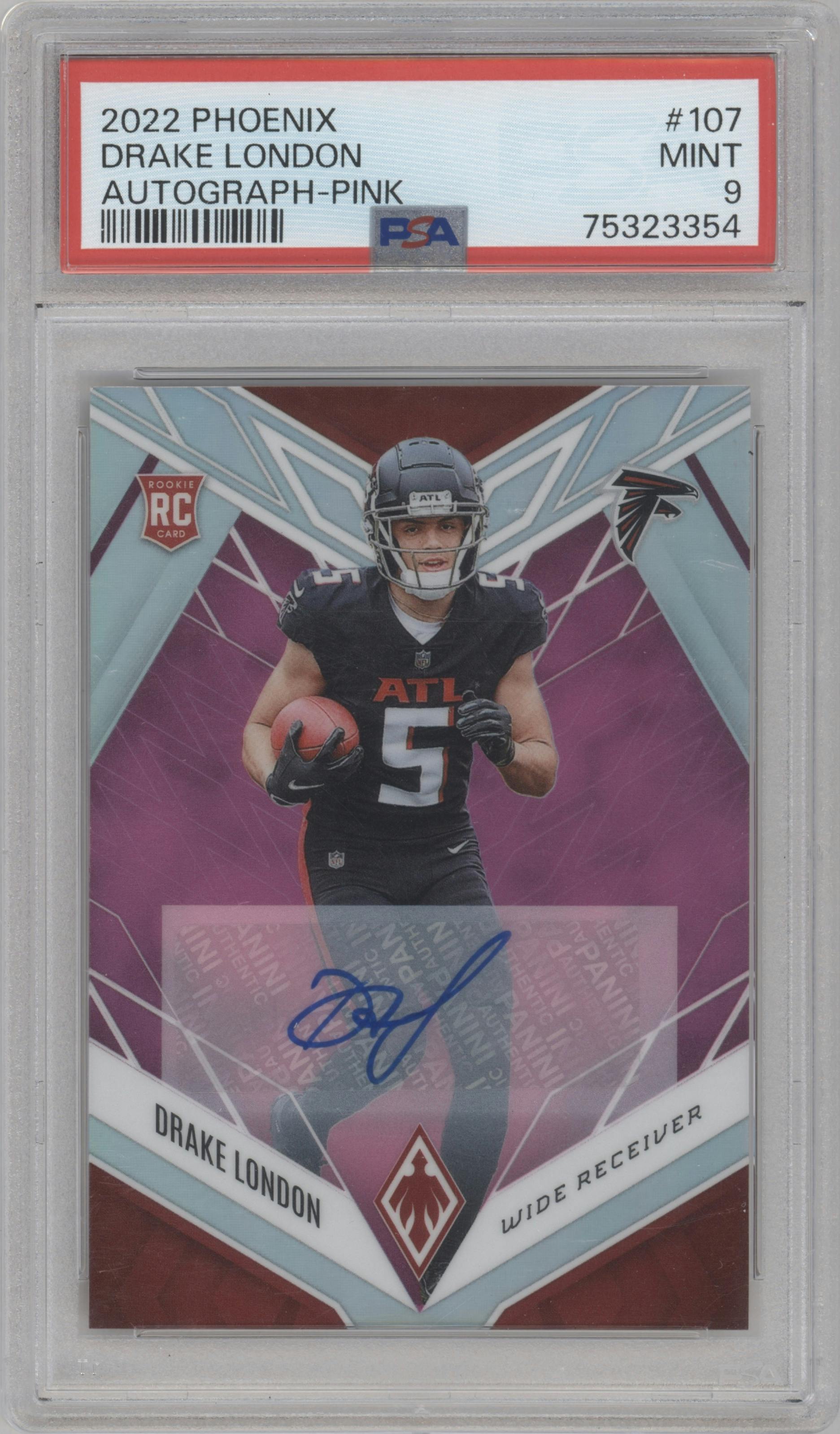 Drake London from the 2022 Panini Phoenix set featuring a Pink parallel graded by PSA and given an overall grade of 9.