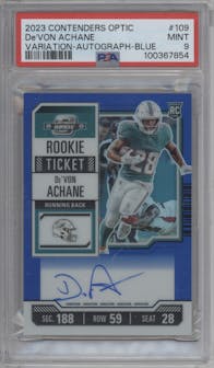 De'Von Achane from the 2023 Panini Contenders Optic set featuring a Blue parallel graded by PSA and given an overall grade of 9.
