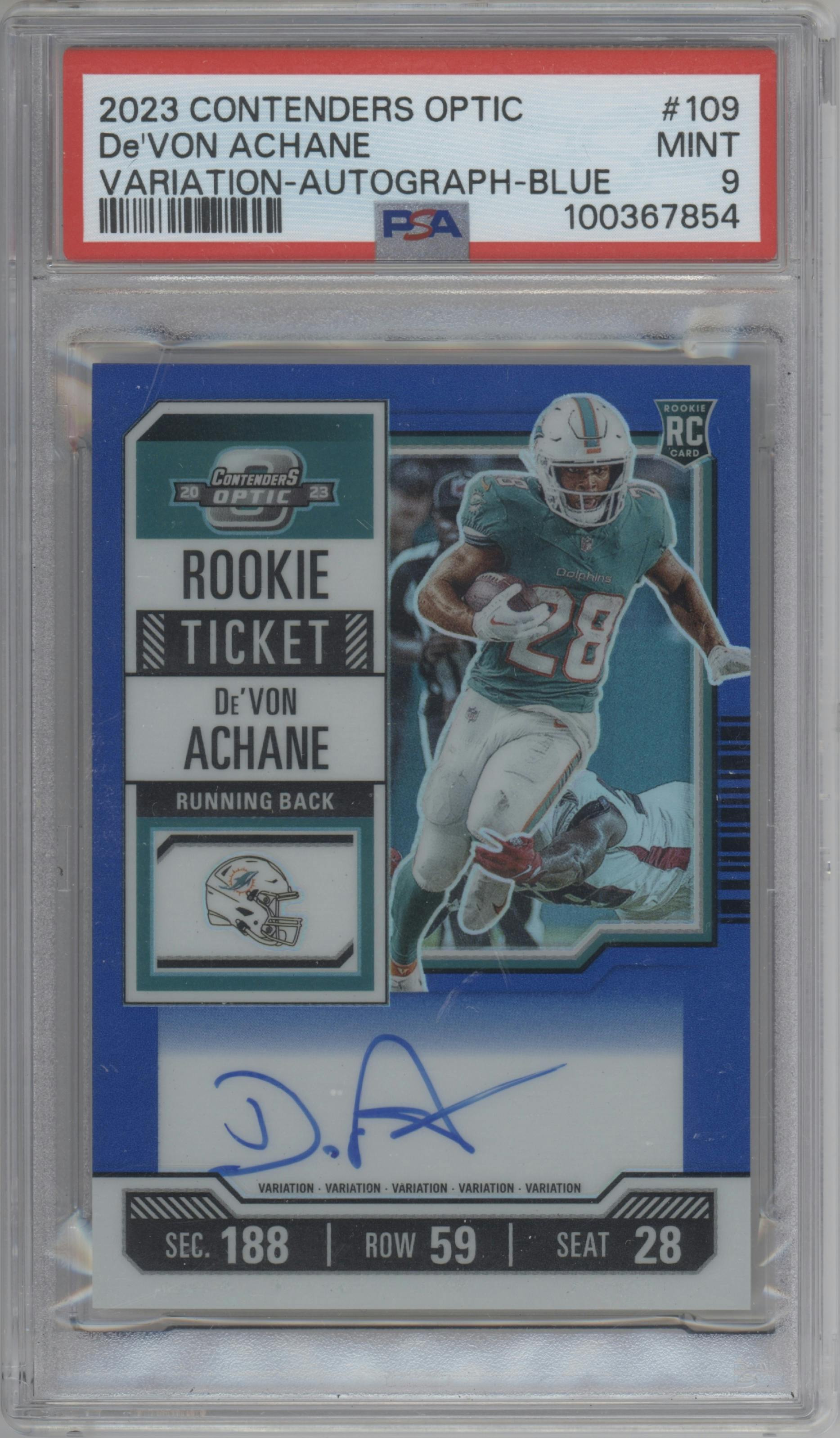 De'Von Achane from the 2023 Panini Contenders Optic set featuring a Blue parallel graded by PSA and given an overall grade of 9.