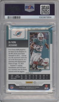De'Von Achane from the 2023 Panini Contenders Optic set featuring a Blue parallel graded by PSA and given an overall grade of 9.