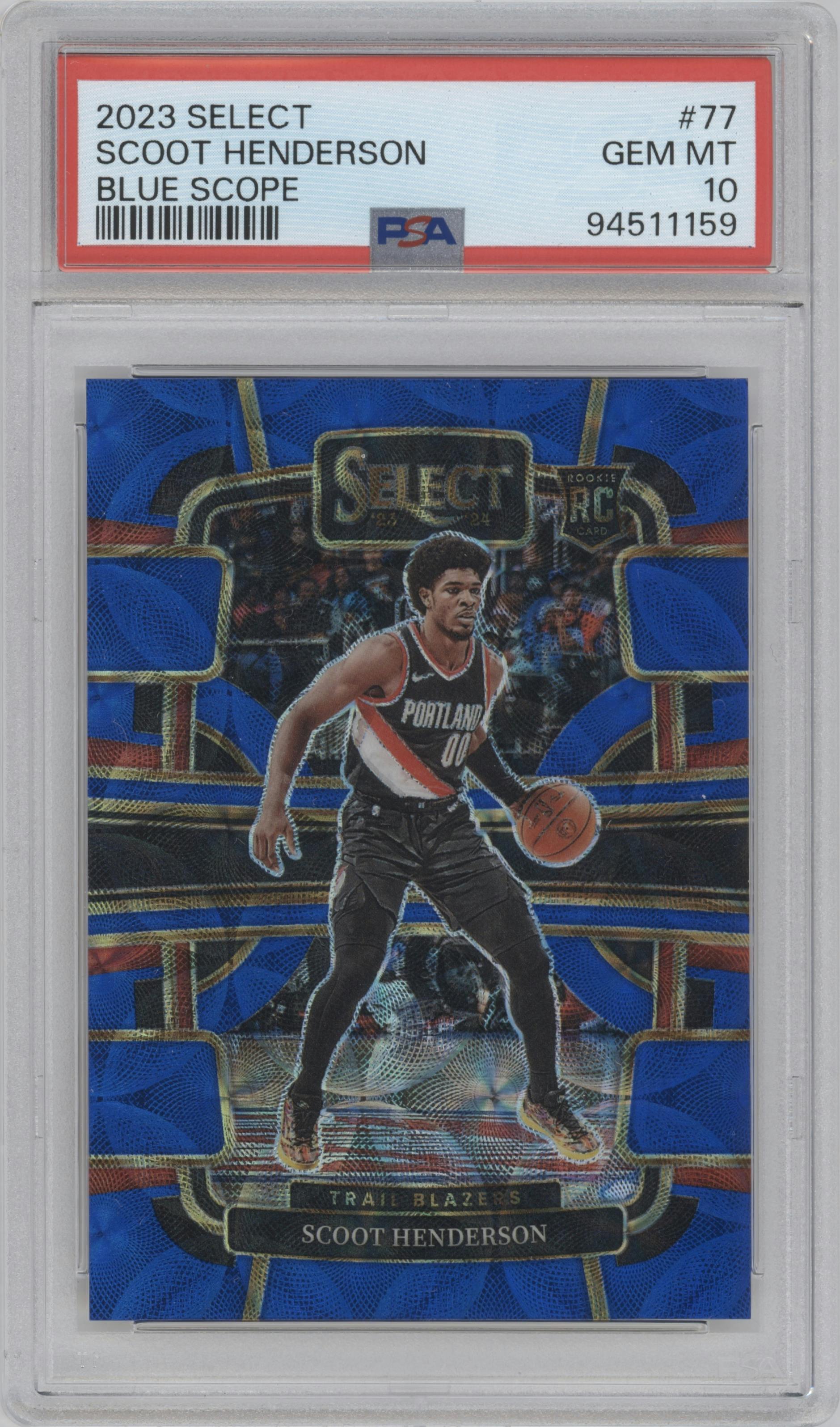 Scoot Henderson from the 2023-24 Panini Select  set featuring a Blue Scope parallel graded by PSA and given an overall grade of 10.
