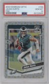 Jalen Hurts from the 2023 Donruss Optic set featuring a Fire parallel graded by PSA and given an overall grade of 10.