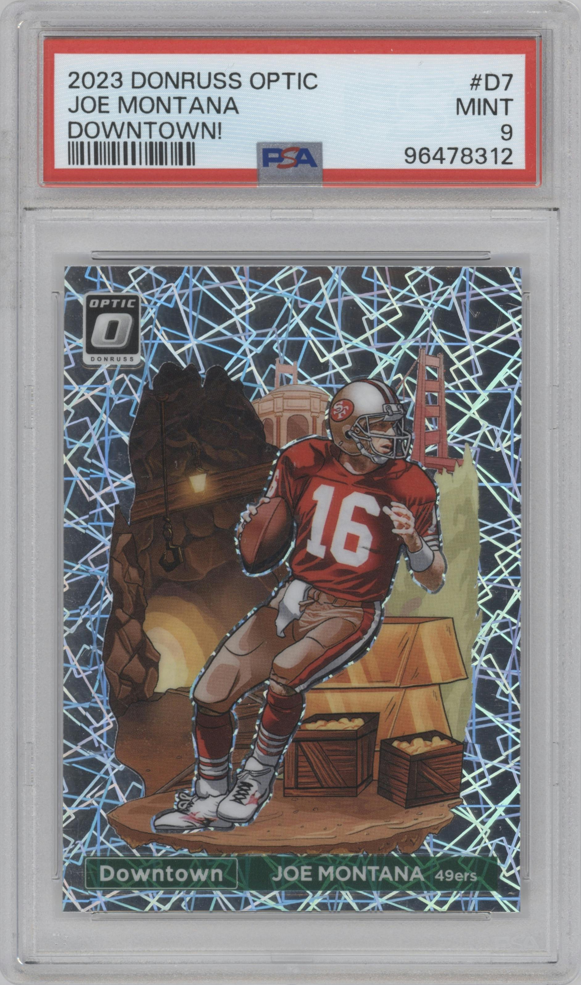 Joe Montana from the 2023 Donruss Optic set graded by PSA and given an overall grade of 9.
