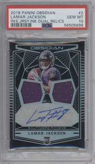 Lamar Jackson from the 2018 Panini Obsidian set graded by PSA and given an overall grade of 10.