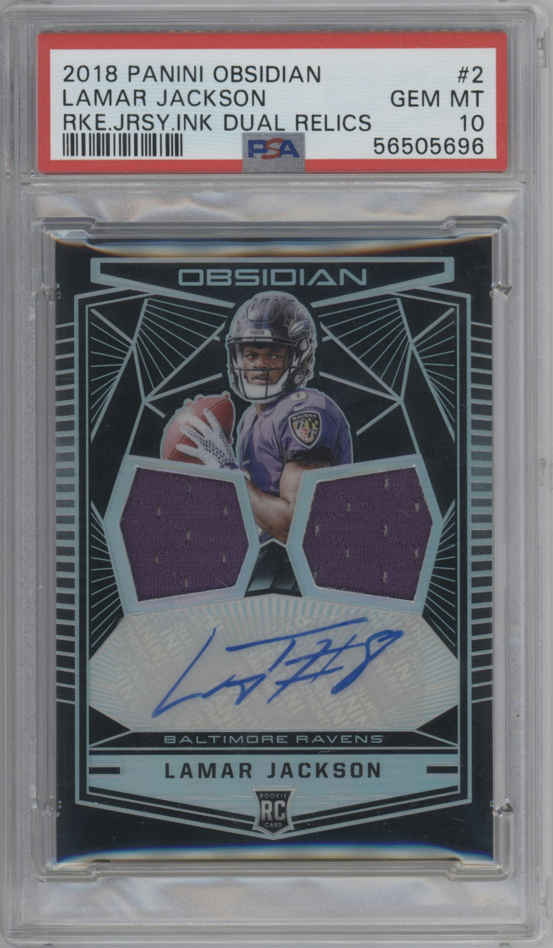 Lamar Jackson from the 2018 Panini Obsidian set graded by PSA and given an overall grade of 10.