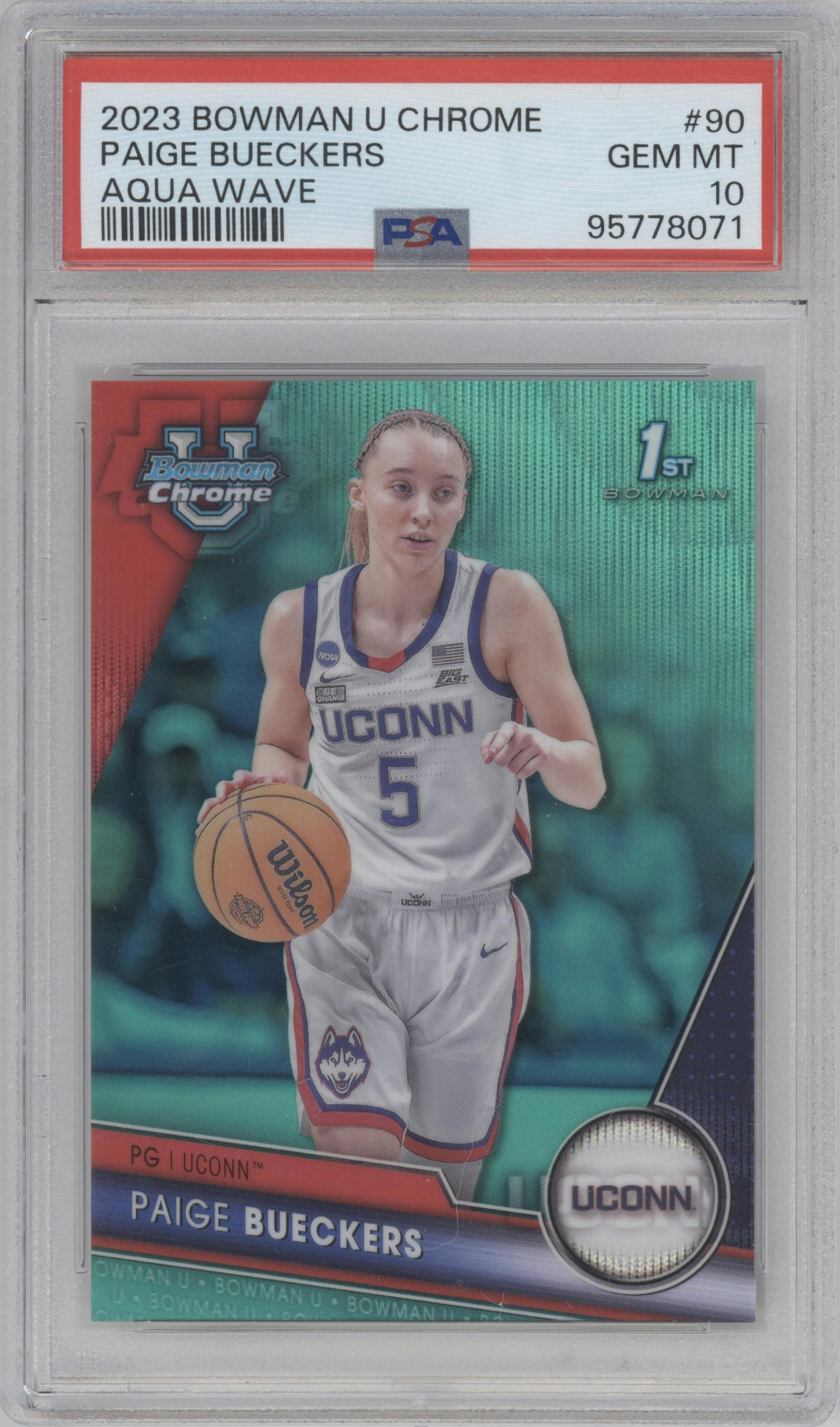 Paige Bueckers from the 2023-24 Bowman U Chrome set featuring a Aqua Wave parallel graded by PSA and given an overall grade of 10.