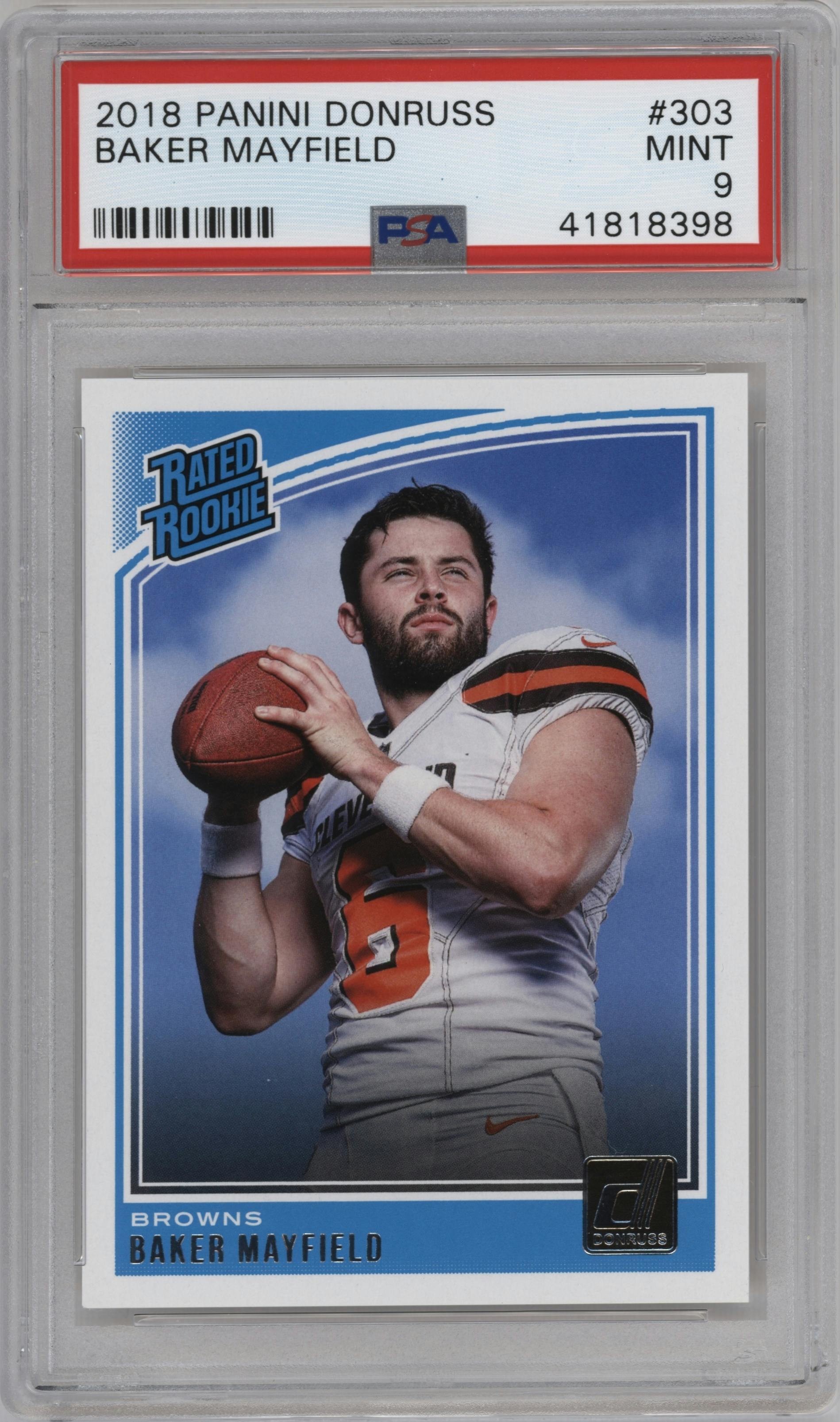 Baker Mayfield from the 2018 Panini Donruss set graded by PSA and given an overall grade of 9.