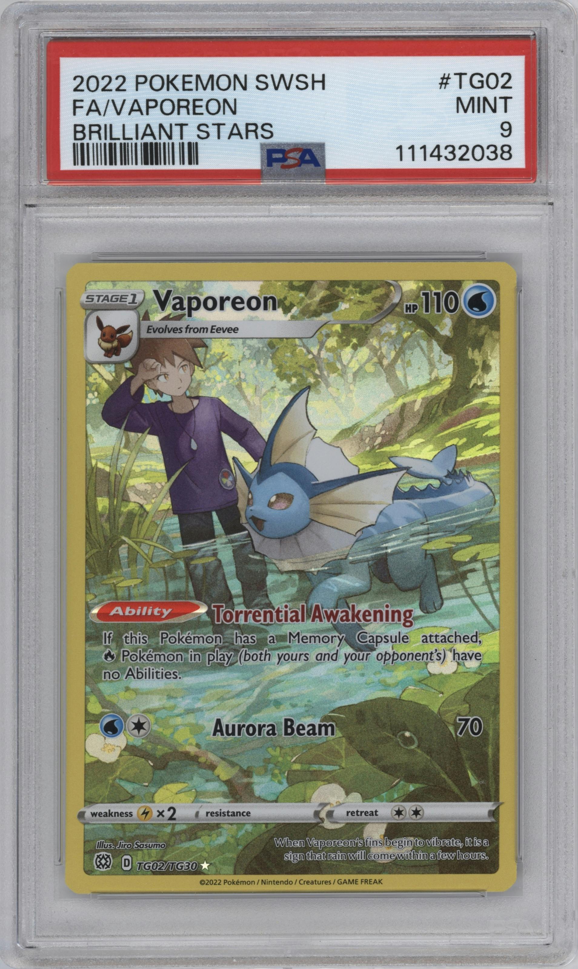 Vaporeon from the 2022 Pokemon SWSH set graded by PSA and given an overall grade of 9.