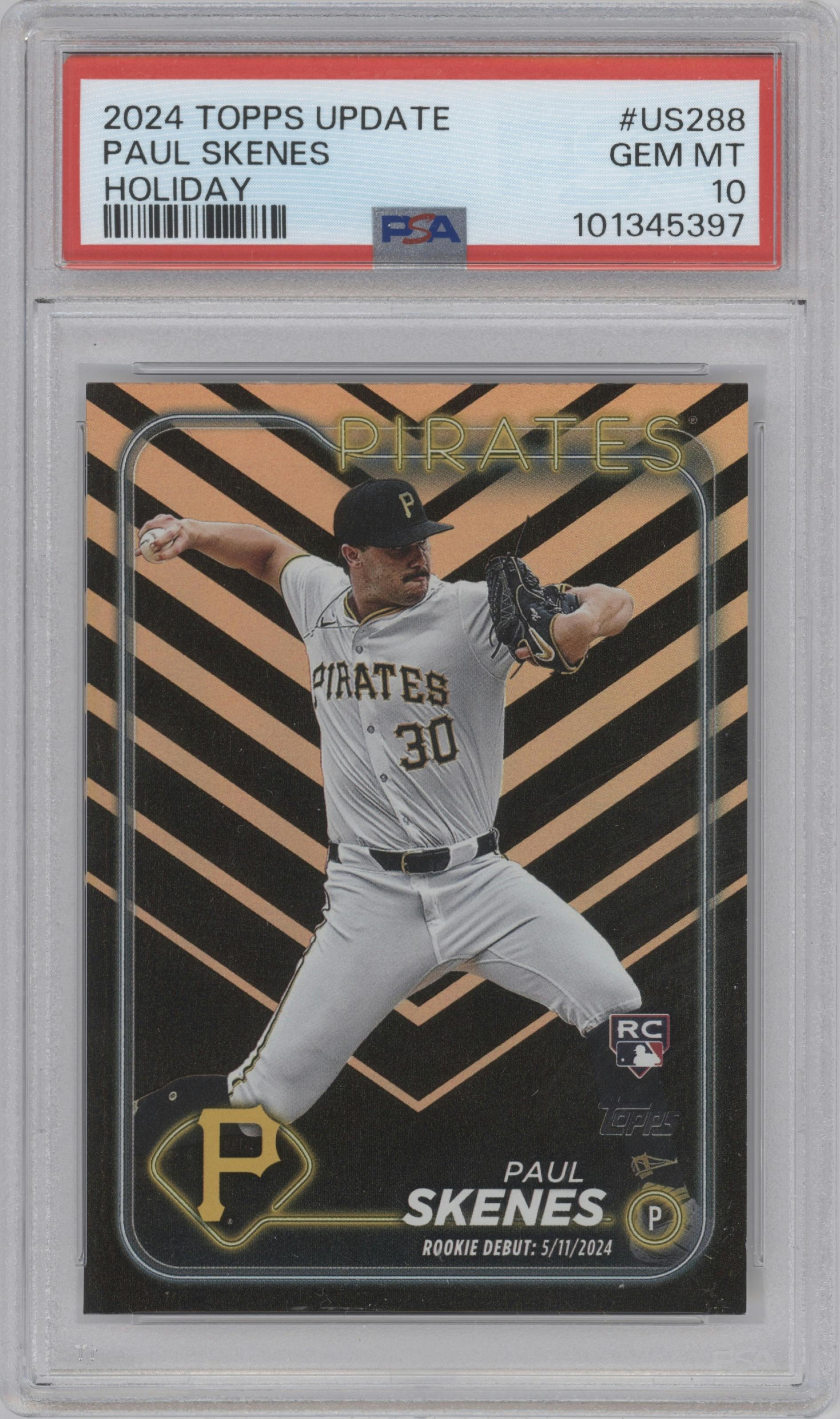 Paul Skenes from the 2024 Topps Update set featuring a Holiday parallel graded by PSA and given an overall grade of 10.