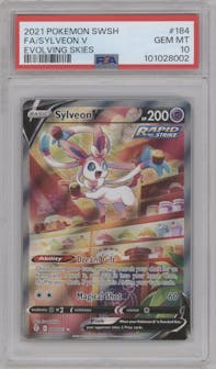 Sylveon V from the 2021 Pokemon SWSH set graded by PSA and given an overall grade of 10.