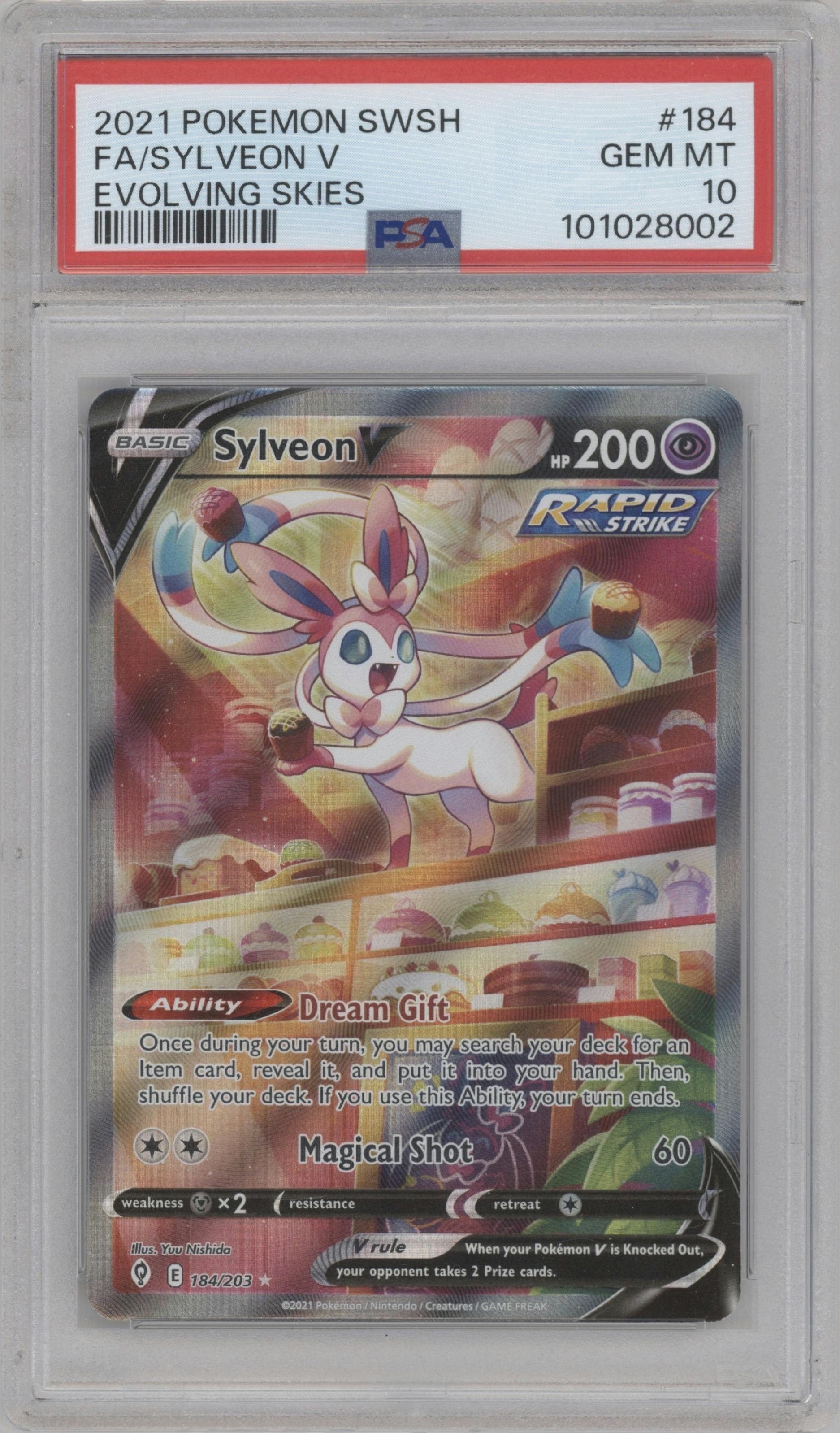Sylveon V from the 2021 Pokemon SWSH set graded by PSA and given an overall grade of 10.