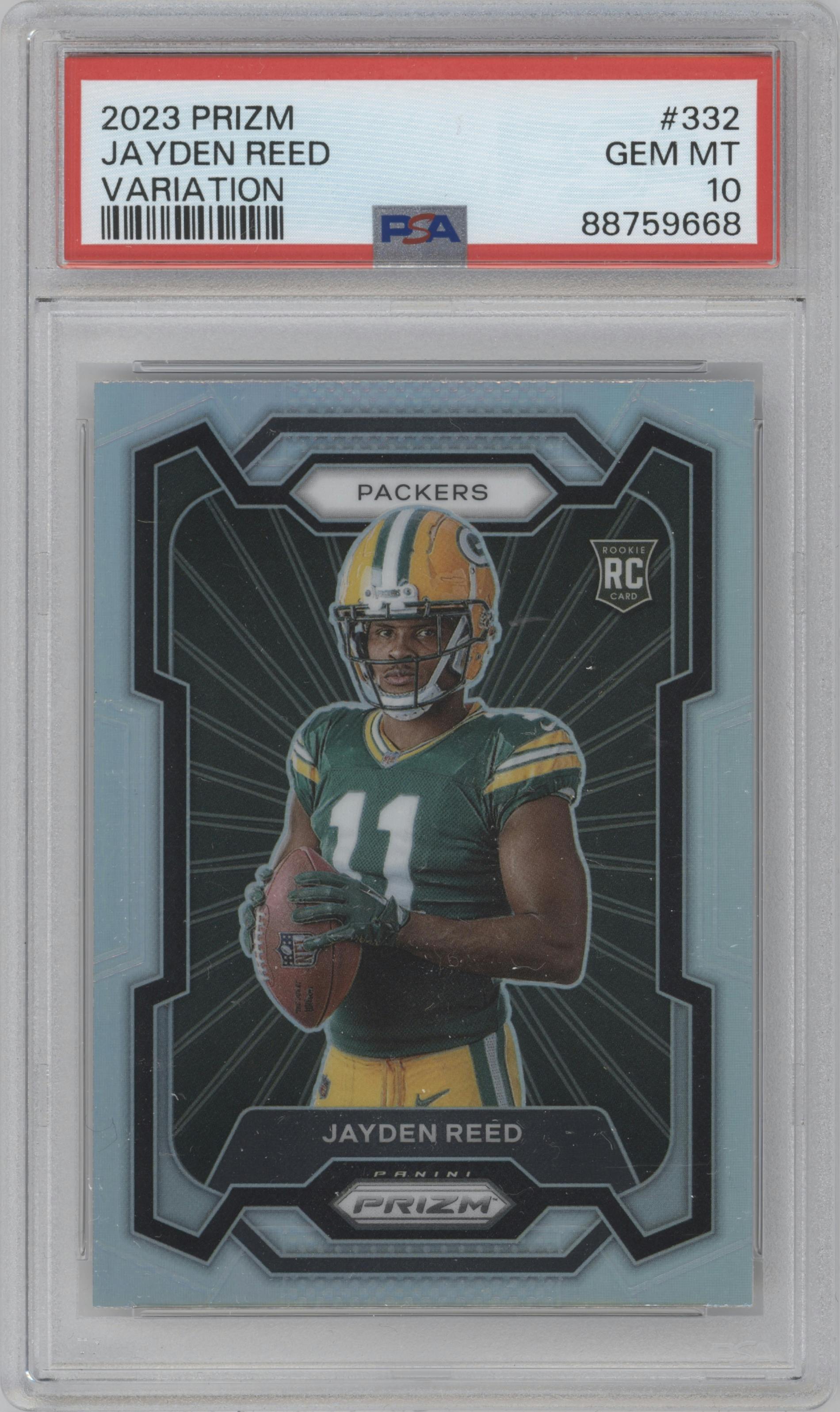 Jayden Reed from the 2023 Panini Prizm set featuring a Silver Prizm parallel graded by PSA and given an overall grade of 10.