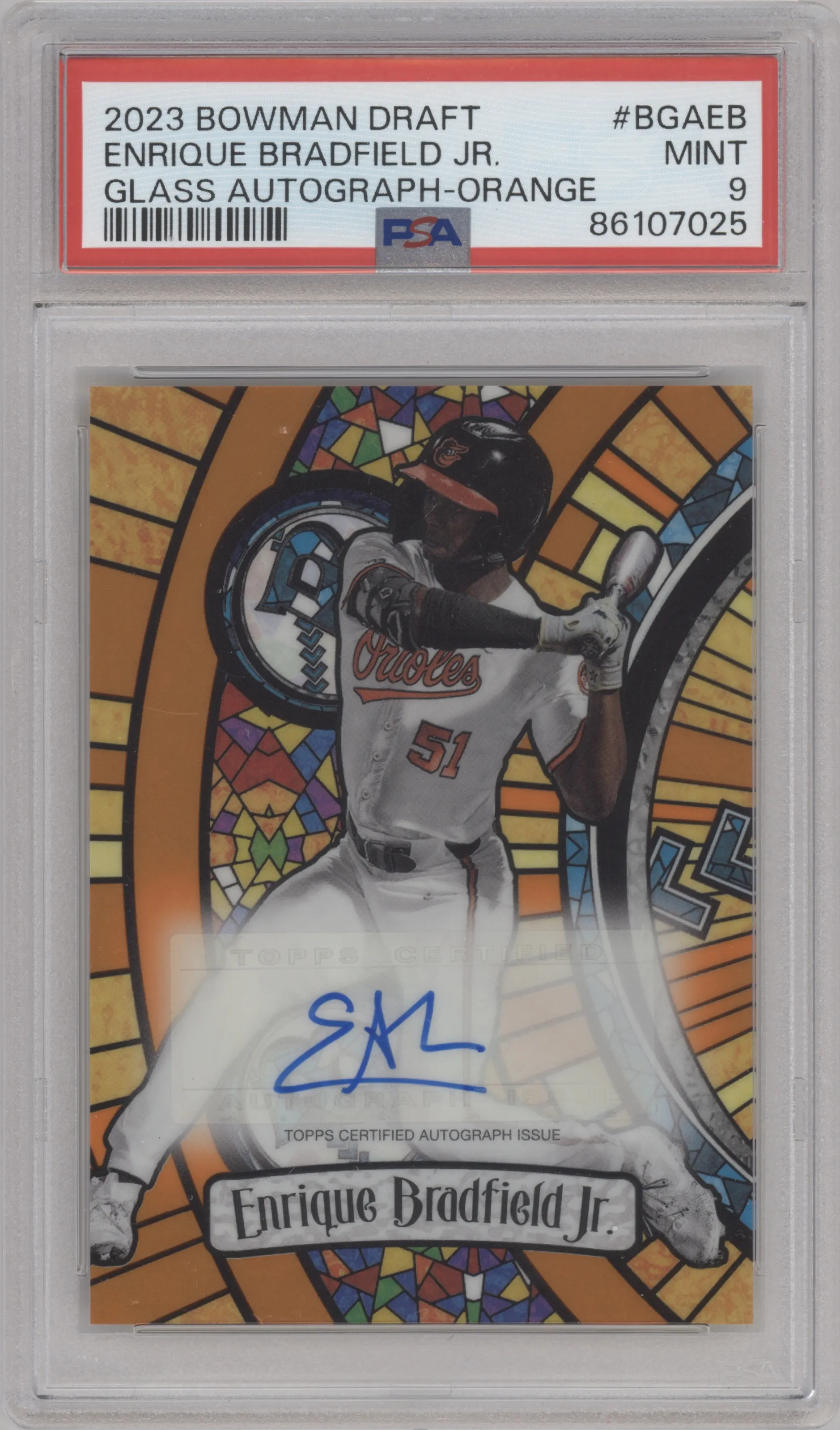2023 Bowman Draft Glass Auto Enrique Bradfield Jr. Orange Refractor PSA 9