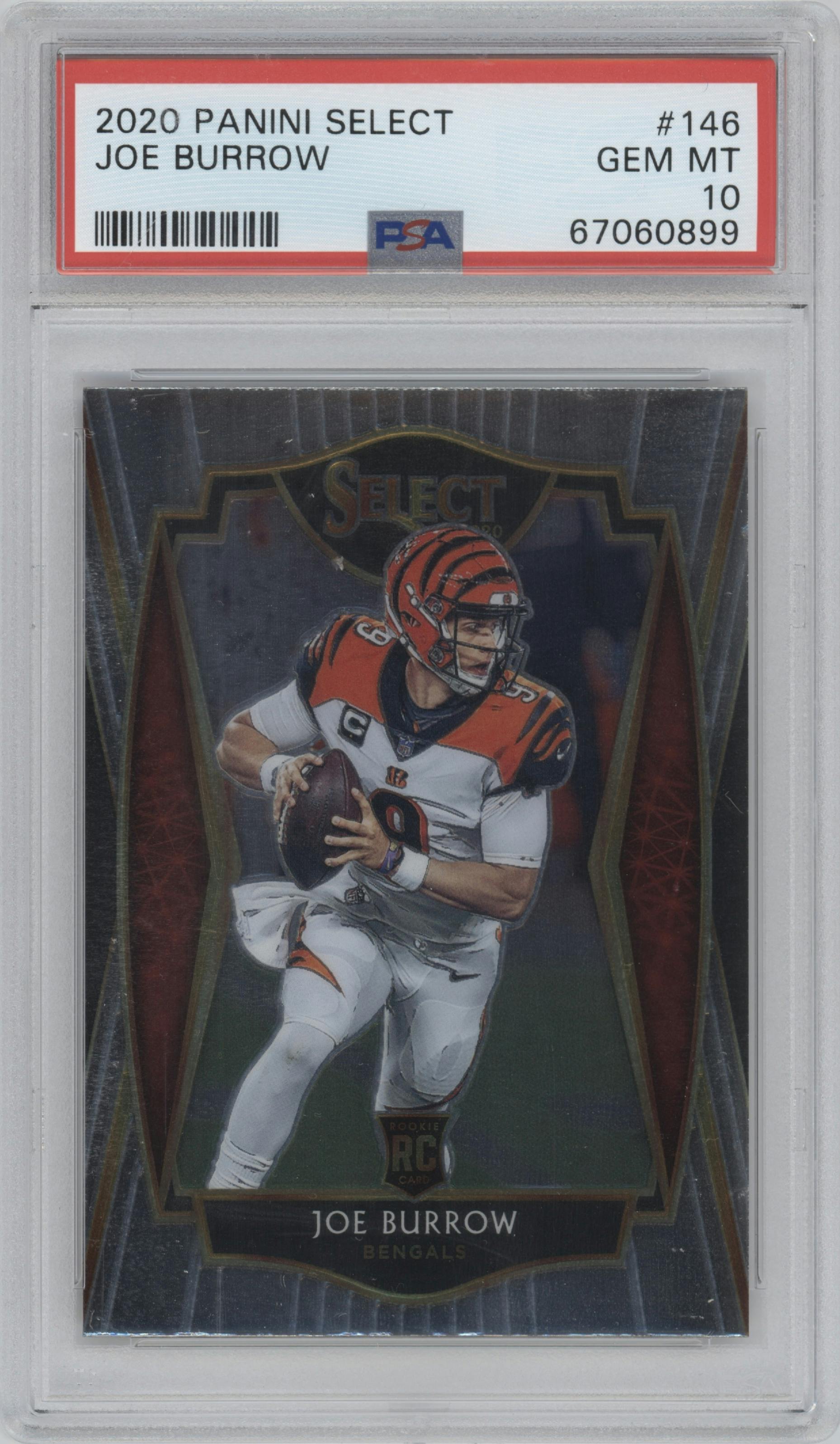 Joe Burrow from the 2020 Panini Select set graded by PSA and given an overall grade of 10.