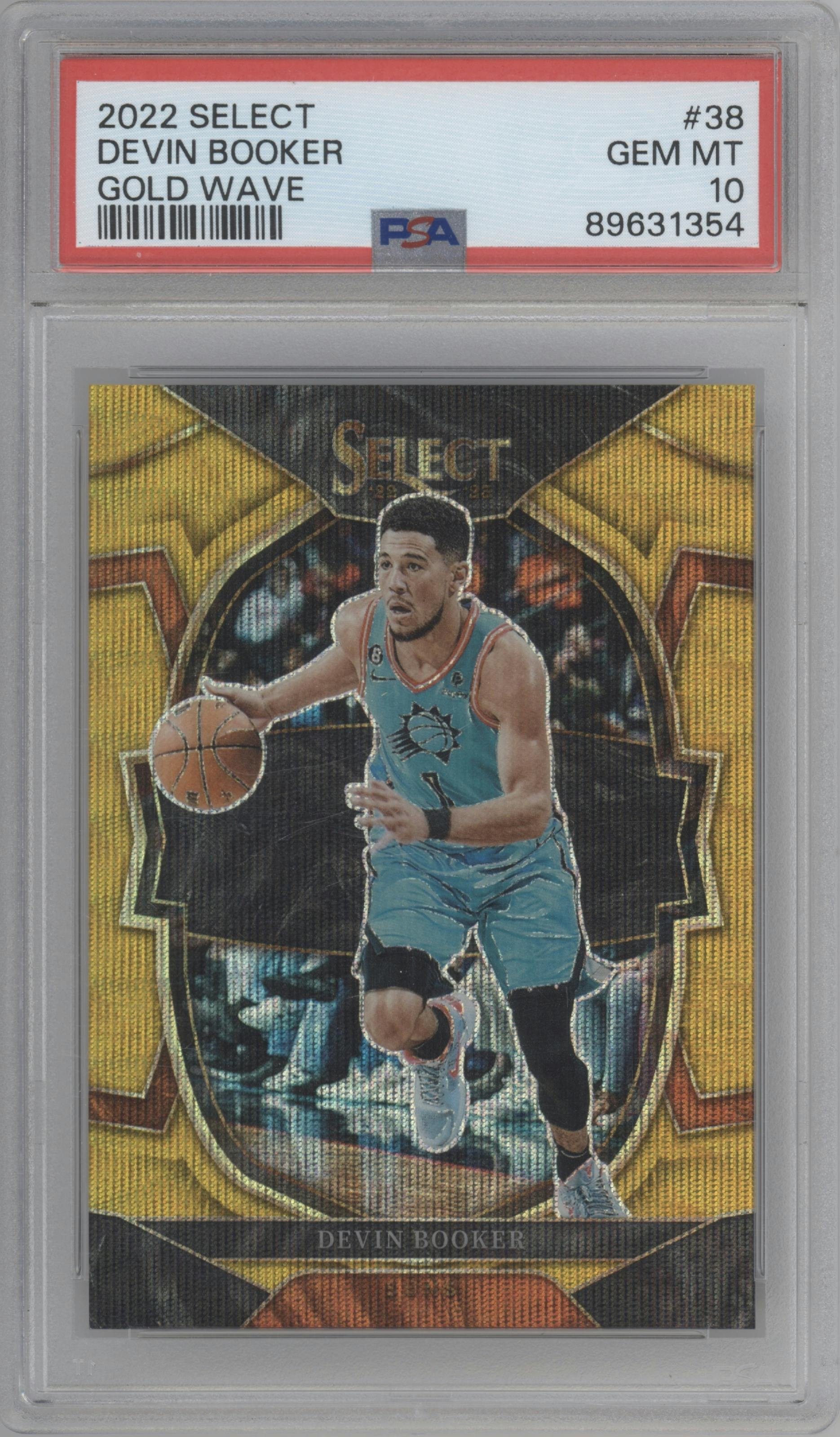 Devin Booker from the 2022-23 Panini Select set featuring a Gold Wave parallel graded by PSA and given an overall grade of 10.