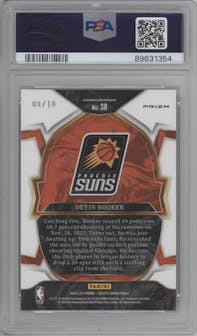 Devin Booker from the 2022-23 Panini Select set featuring a Gold Wave parallel graded by PSA and given an overall grade of 10.