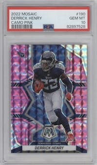 Derrick Henry from the 2022 Panini Mosaic set featuring a Pink Camo parallel graded by Arena Club and given an overall grade of 10.