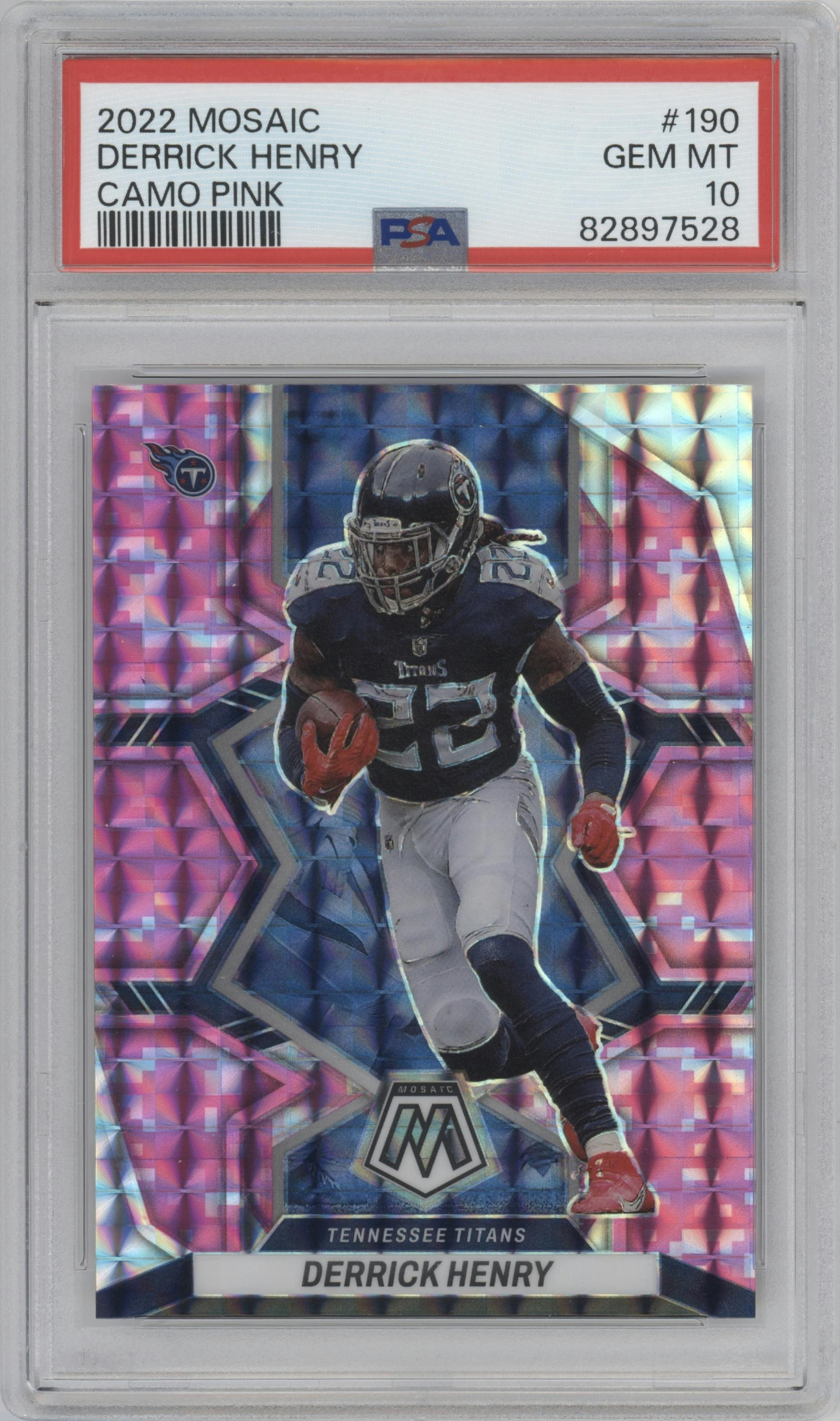 Derrick Henry from the 2022 Panini Mosaic set featuring a Pink Camo parallel graded by Arena Club and given an overall grade of 10.