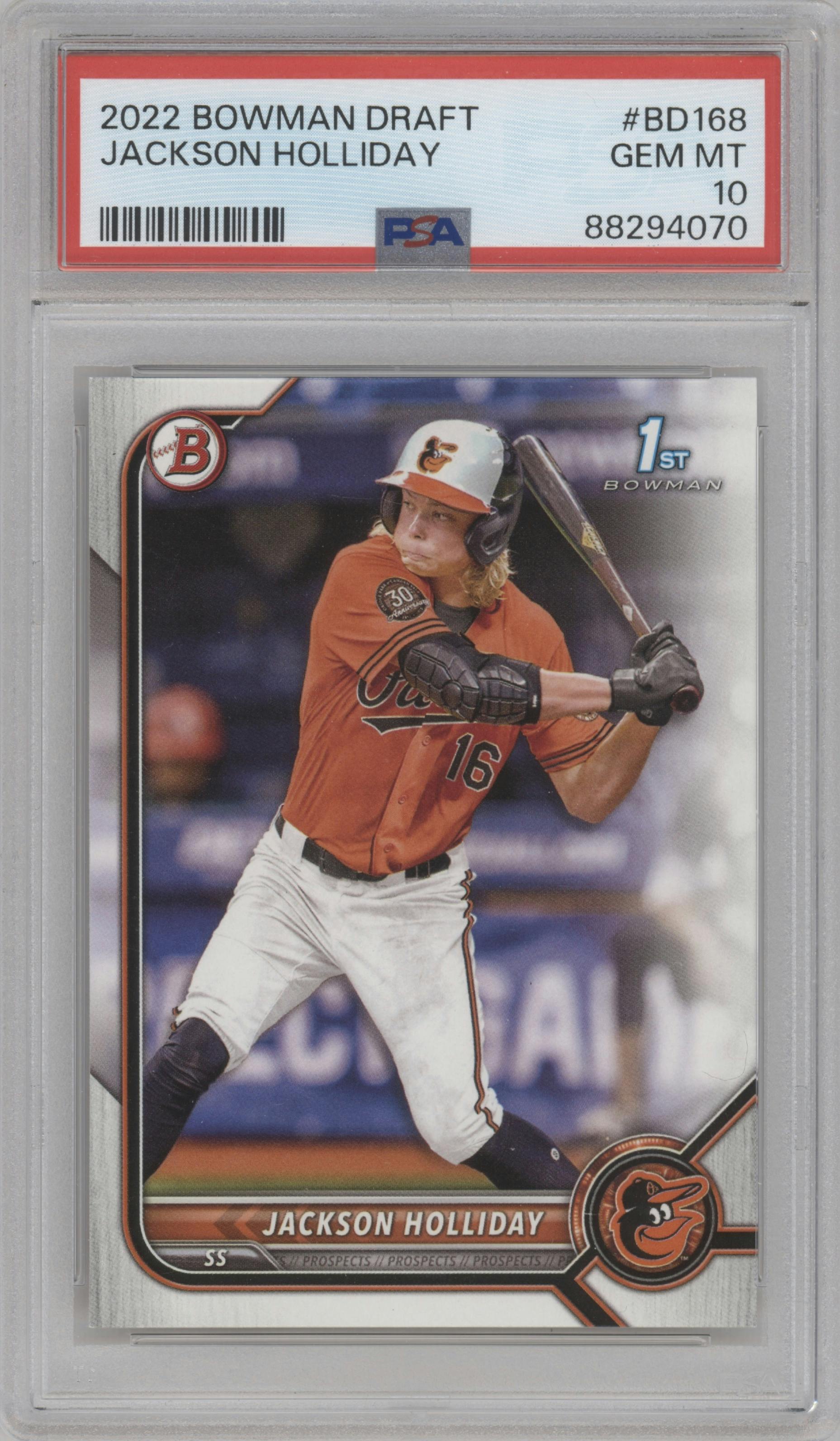 Jackson Holliday from the 2022 Bowman Draft set graded by PSA and given an overall grade of 10.