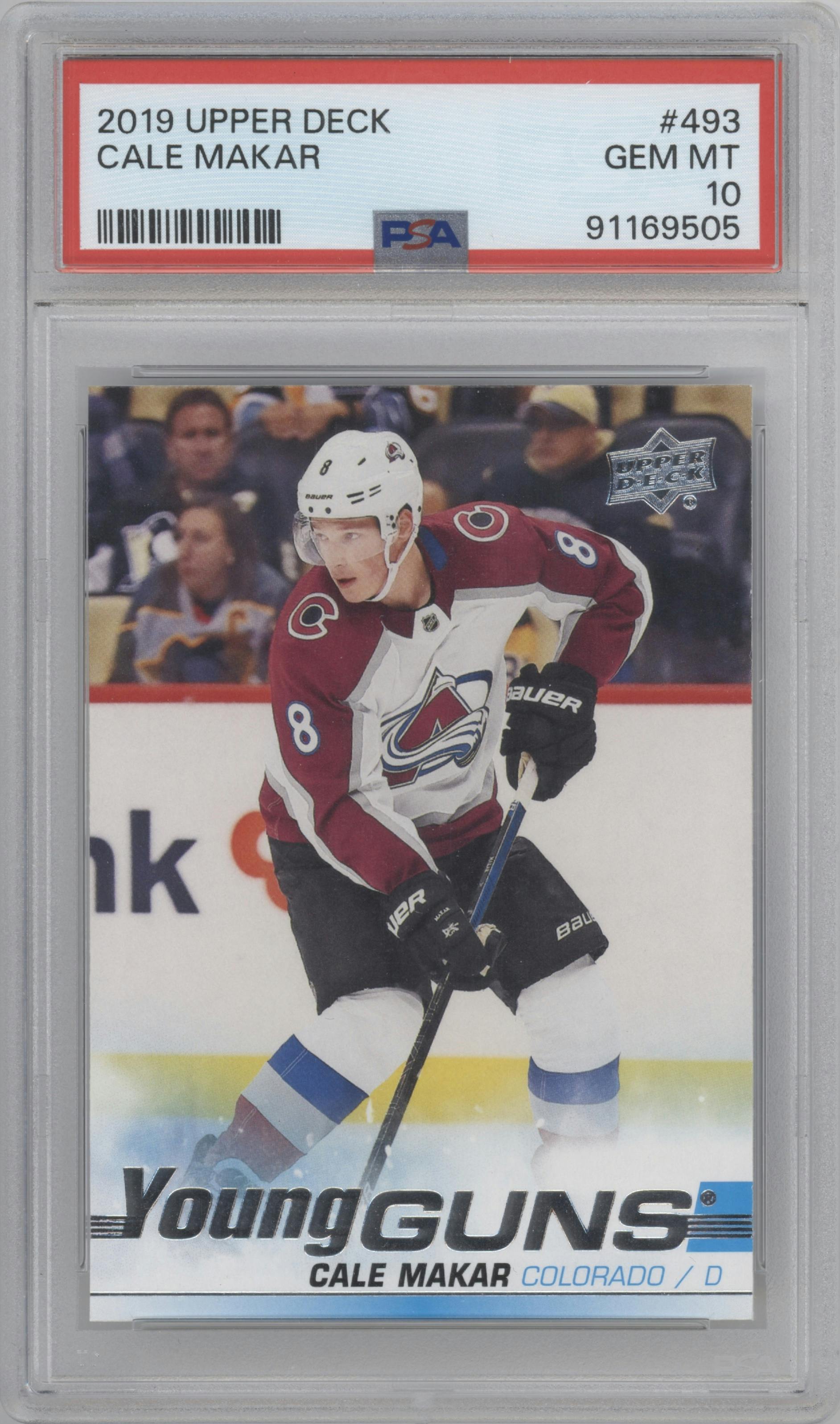 Cale Makar from the 2019-20 Upper Deck set graded by PSA and given an overall grade of 10.