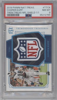 Cooper Kupp from the 2019 Panini National Treasures set featuring a NFL Shield parallel graded by PSA and given an overall grade of 8.