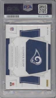 Cooper Kupp from the 2019 Panini National Treasures set featuring a NFL Shield parallel graded by PSA and given an overall grade of 8.