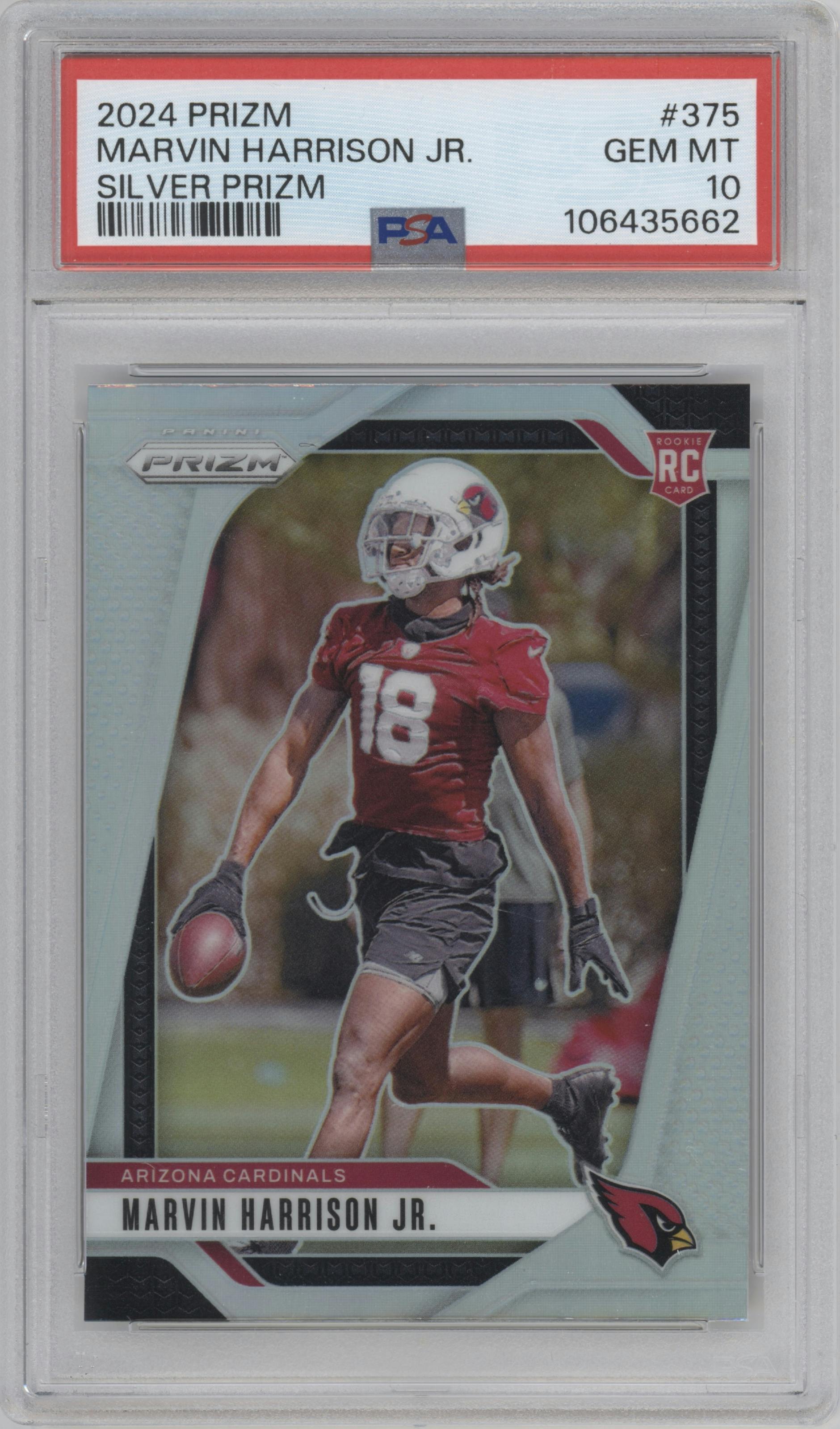 Marvin Harrison Jr. from the 2024 Panini Prizm set featuring a Silver Prizm parallel graded by PSA and given an overall grade of 10.