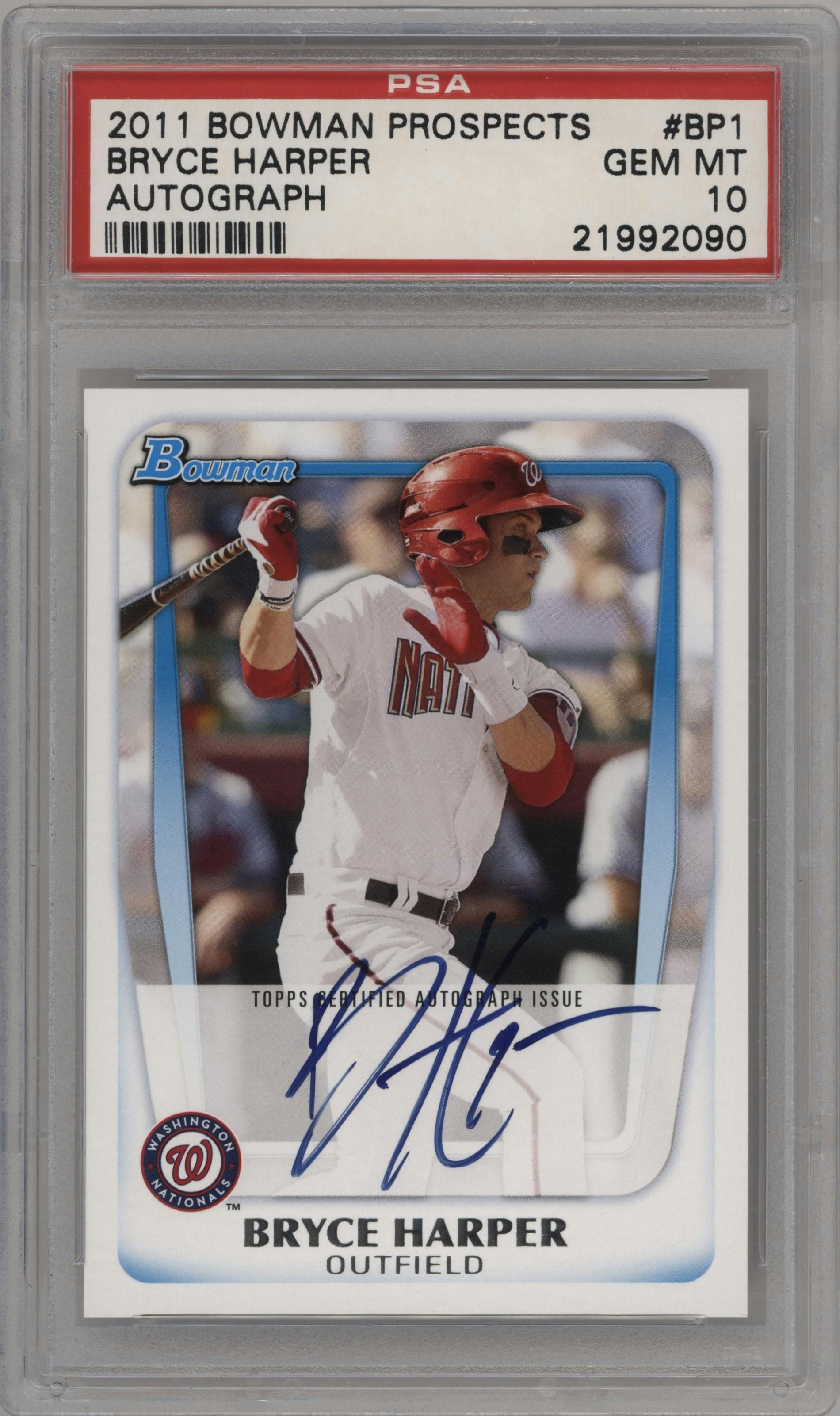 Bryce Harper from the 2011 Bowman set graded by PSA and given an overall grade of 10.