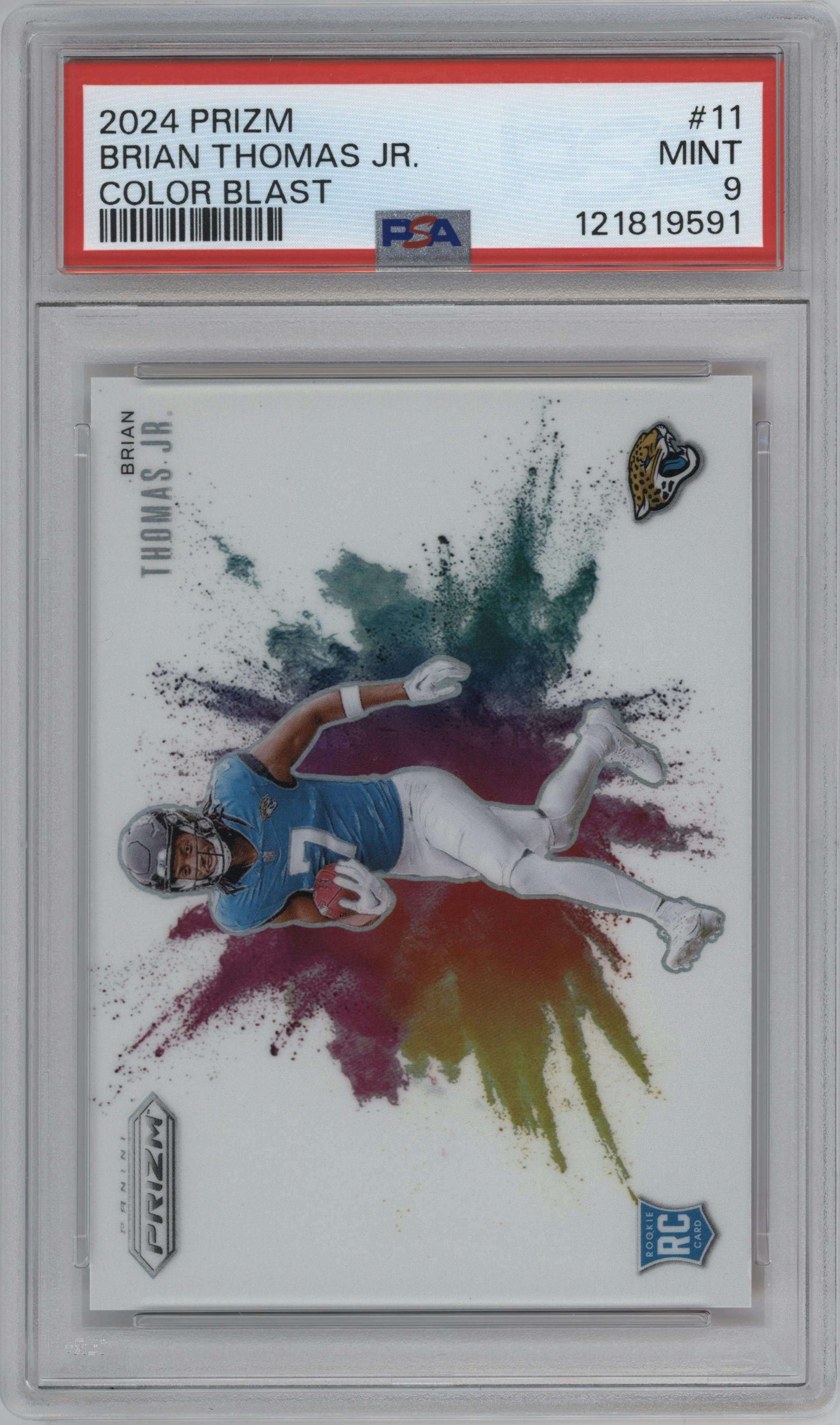 Brian Thomas Jr. from the 2024 Panini Prizm set graded by PSA and given an overall grade of 9.